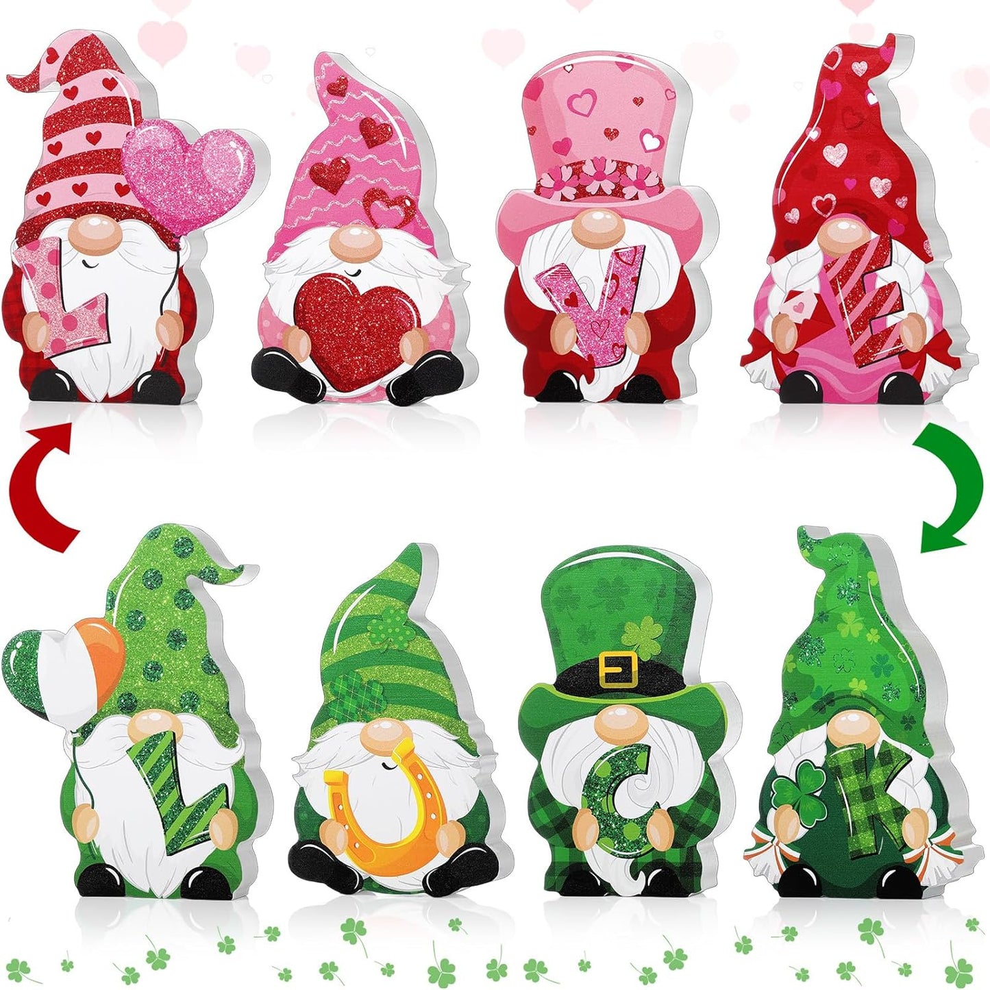 4 Pcs Valentine Wooden Table Sign Reversible St. Patrick'S Day Tabletop Decor Valentine Gnome Table Decoration Love and Luck Table Centerpiece for Home Kitchen Table Tiered Tray Party Decor