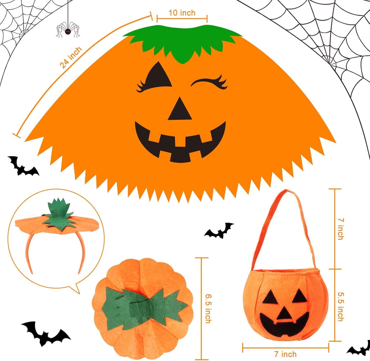 3 PCS Halloween Pumpkin Poncho for Women,Pumpkin Cape Costume with Headband and Candy Bag,Halloween Costume for Women Adults