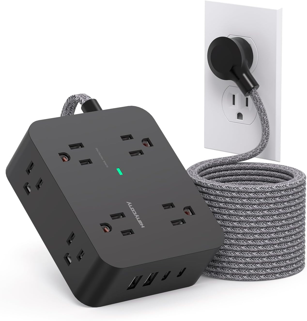 Surge Protector Power Strip - 8 Outlets with 4 USB (2 USB C) Charging Ports, Multi Plug Outlet Extender, 5Ft Braided Extension Cord, Flat Plug Wall Mount Desk USB Charging Station for Home Office ETL