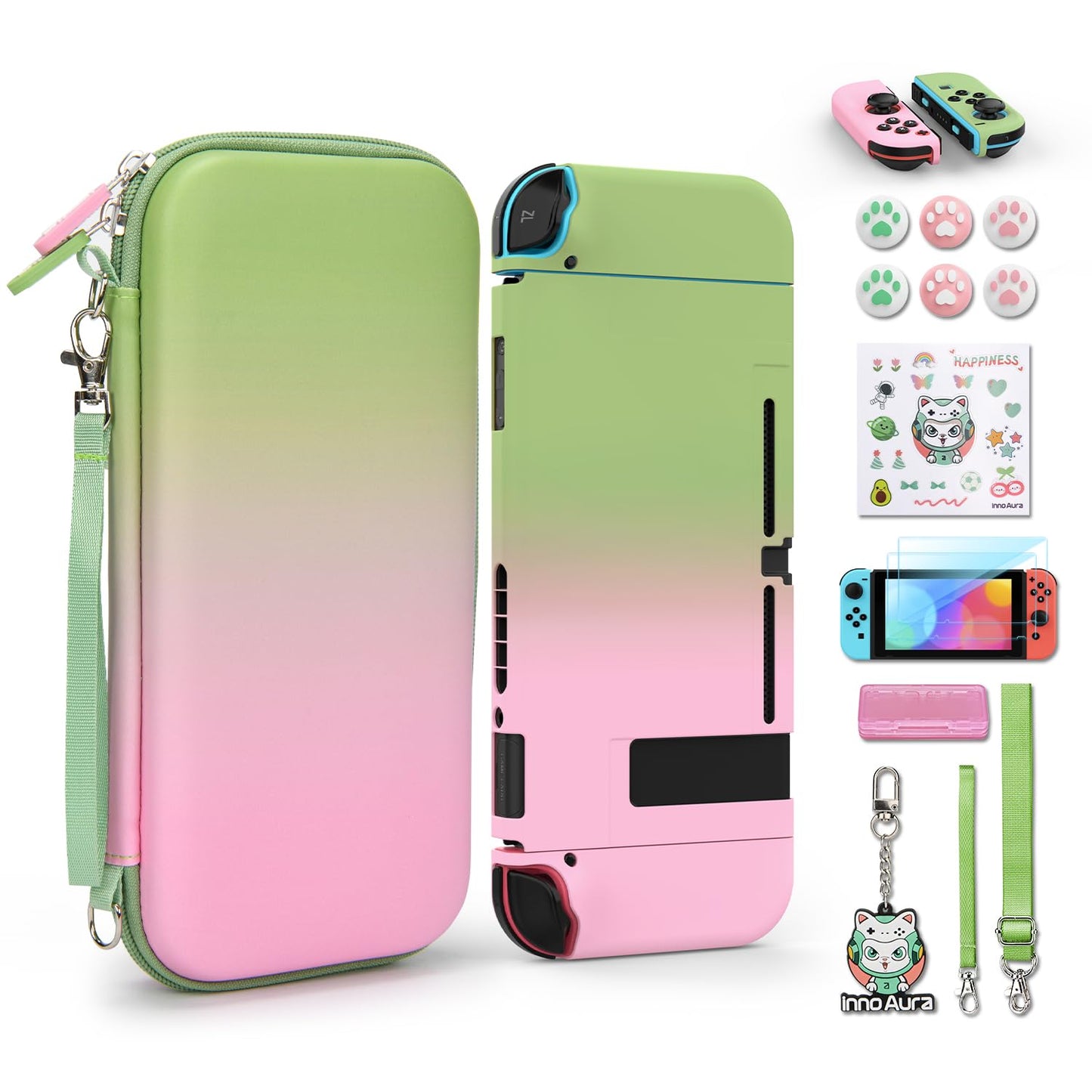 Switch Case for NS Switch, Innoaura 17 in 1 Switch Accessories Bundles with Switch Carrying Case, Switch Game Case, Switch Protective Case, Switch Screen Protector, Switch Thumb Caps (Mermaid Pink)