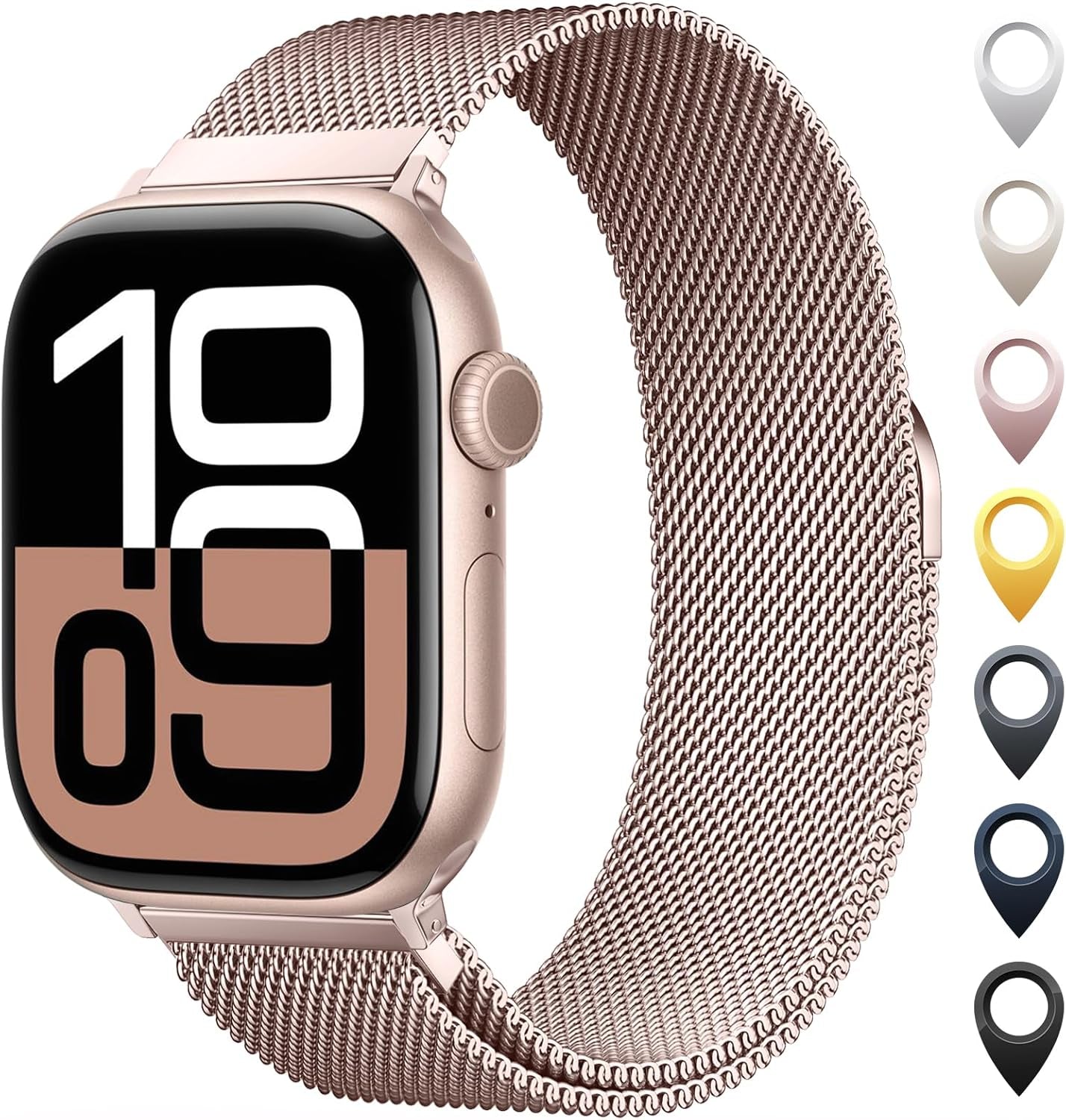 2 Pack Stainless Steel Mesh Loop Compatible with Apple Watch Band 38Mm 40Mm 41Mm 42Mm Series 10 Women Men, Magnetic Clasp Replacement Strap for Iwatch - Rose Gold+Black