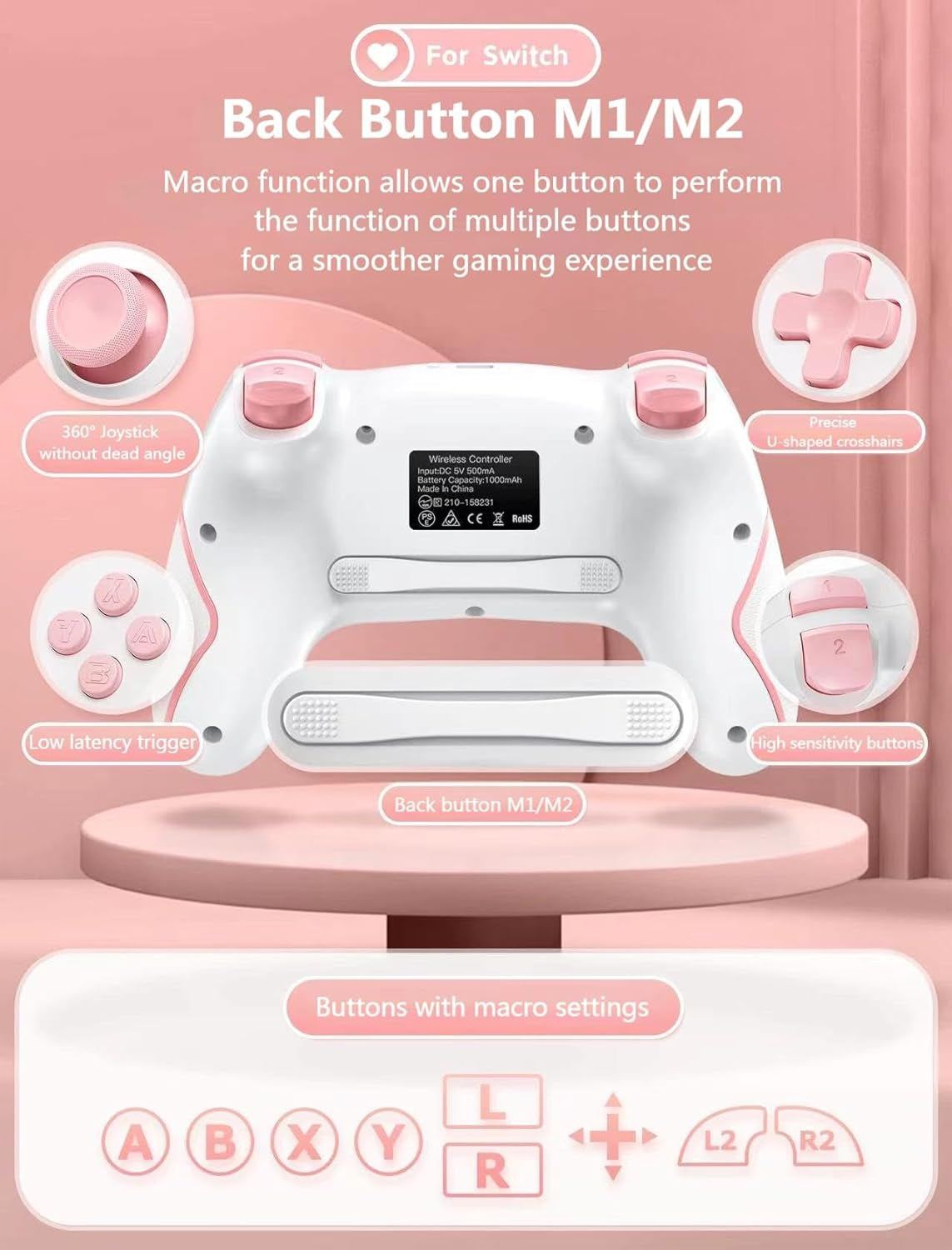 Switch Pro Controller, Wireless Pro Controller for Switch/Switch Lite/Switch OLED, Switch Controller with 2 Back Buttons, 3-Level TURBO Adjustable (Pink)