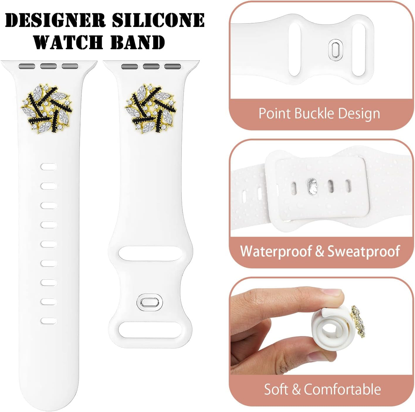 Designer Silicone Watch Band Compatible with Apple Watch 41Mm 40Mm 38Mm 45Mm 44Mm 42Mm 49Mm, Cute Women Iwatch Bracelet Charm Strap, Fancy Wristband for Series Ultra 8 7 6 5 4 3 2 1 SE
