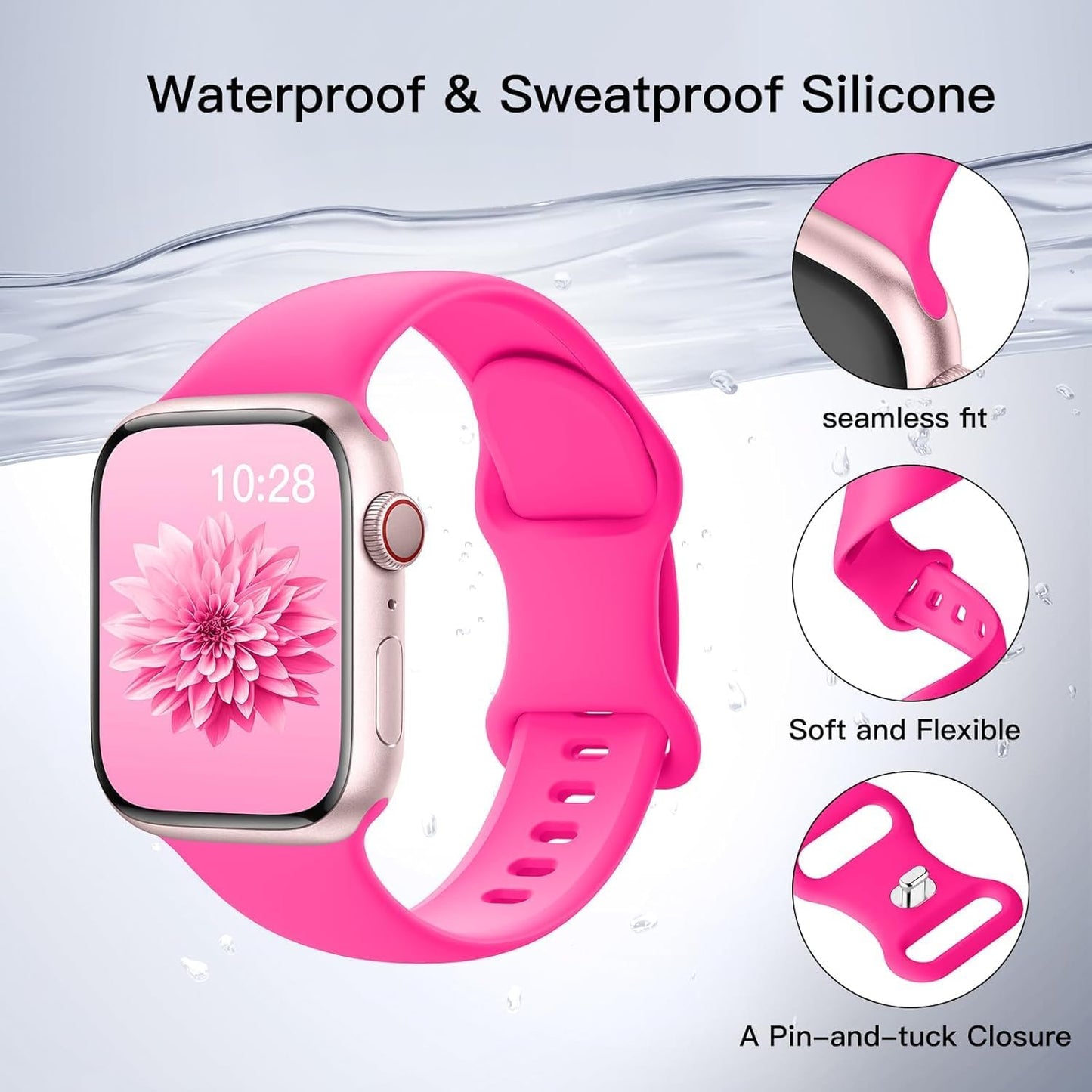 Sport Silicone Band Compatible with Apple Watch Bands 44Mm 40Mm 41Mm 45Mm 38Mm 42Mm 49Mm Women Men, Soft Strap Waterproof Wristband for Iwatch Bands Series 9 Ultra/Ultra 2 SE 8 7 6 5 4 3 2 Hot Pink 44