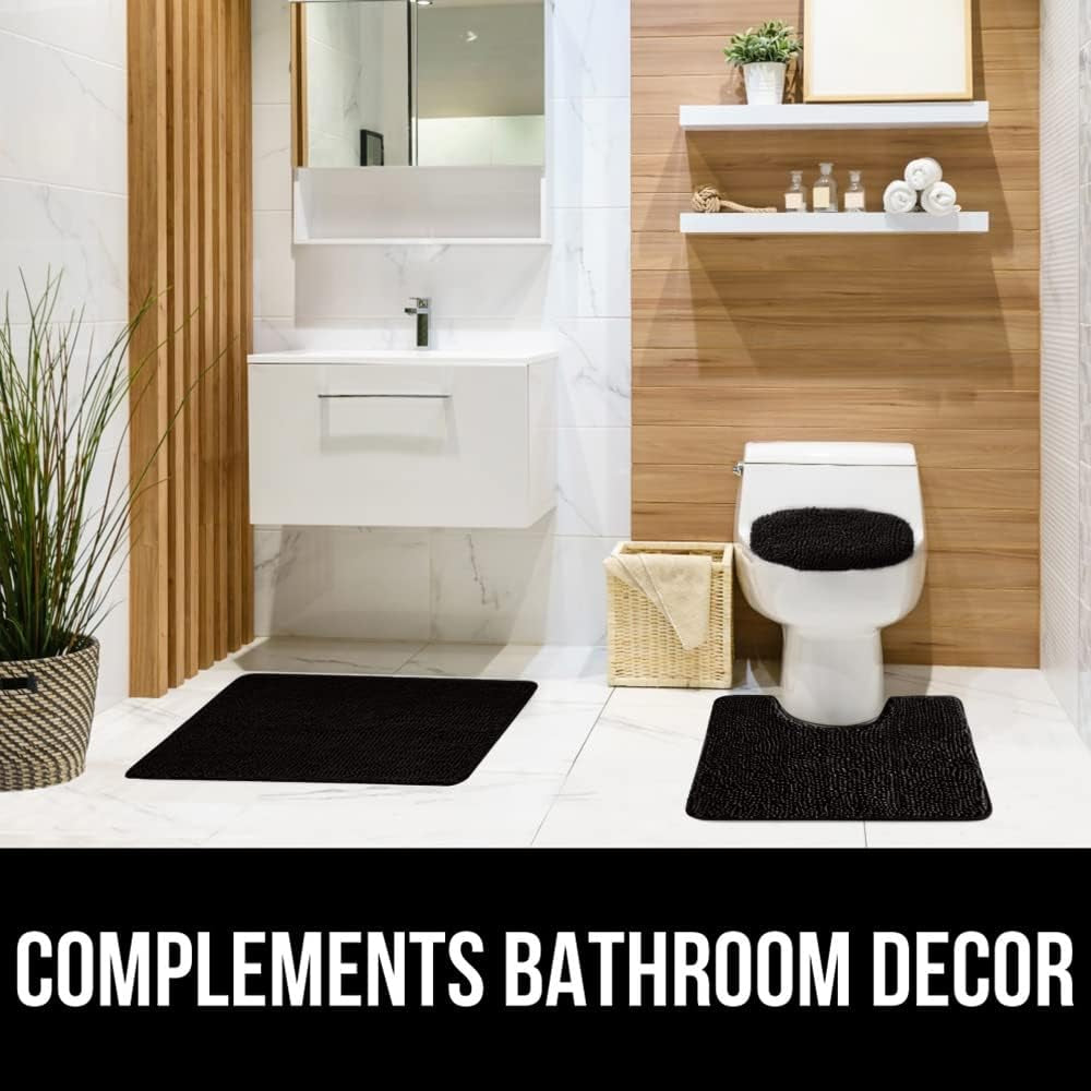 Soft Chenille Bathroom Toilet Lid Cover, Machine Washable Seat Covers, 17.5X15, Stays in Place Rubber Backing, Fits Most Round, Elongated and Oblong Lids, Accessories Decor, Black