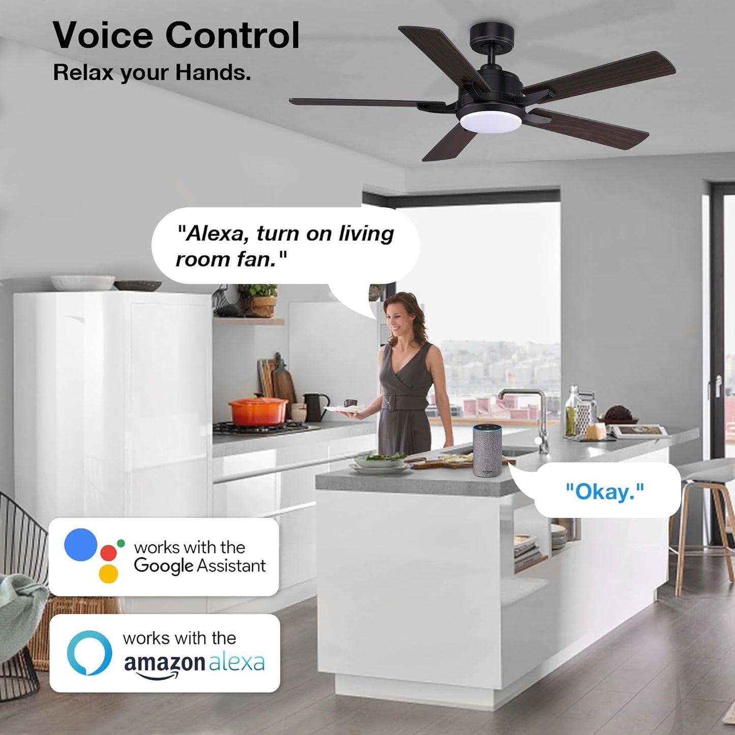 52” Smart Ceiling Fanswith Lights Remote Control,Quiet DC Motor,Outdoor Indoor Modern Farmhouse Ceiling Fan Work with Alexa App,Dimmable LED Light,Black/Brown for Bedroom Living Room Patio