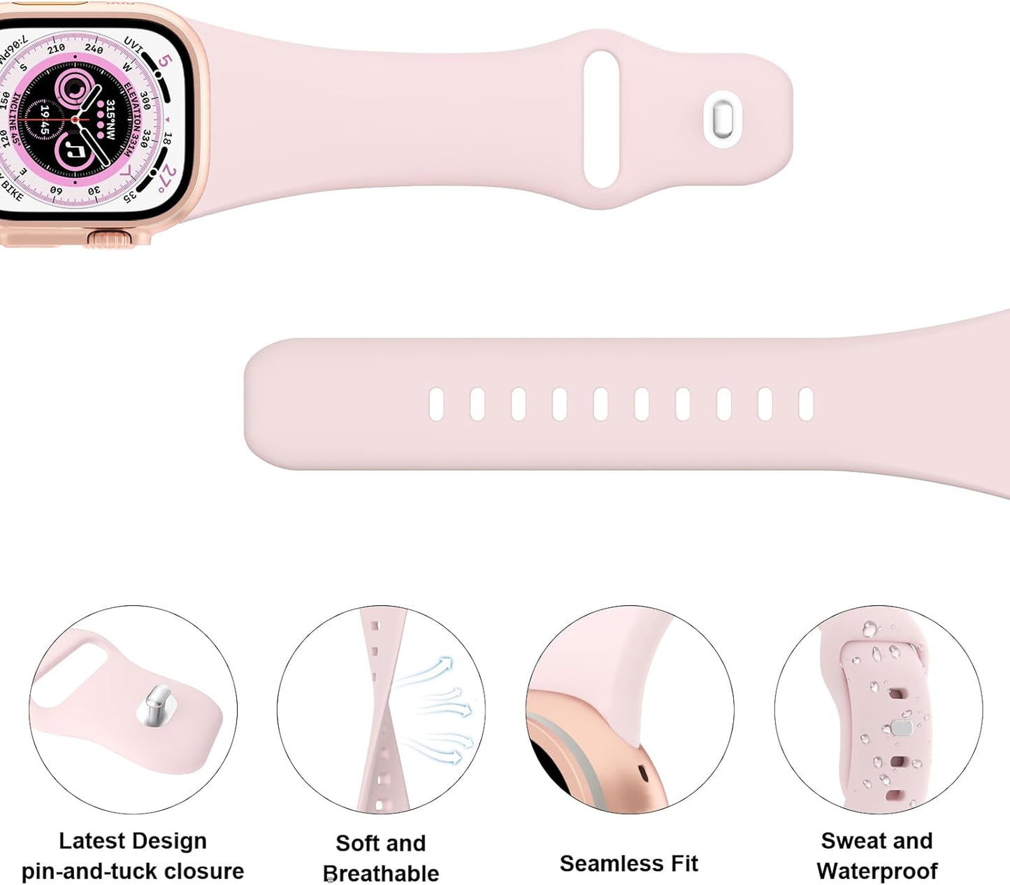 Sport Bands Compatible with Apple Watch 38Mm 40Mm 41Mm 42Mm 44Mm 45Mm 49Mm, Soft Silicone Replacement Waterproof Strap Wristband for Iwatch Series Ultra 9/8/7/6/5/4/3/2/1 SE Women Men, Light Pink