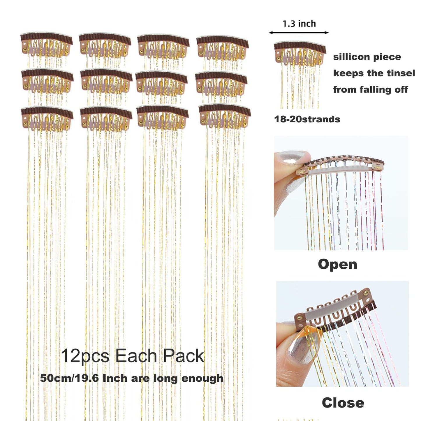 12Pcs Hair Tinsel Clip in 19.6Inch Tinsel Hair Extensions Clip in Hair Tinsel Kit Heat Resistant Shiny Sparkle Glitter Hair Extensions Fairy Hair Accessories for Women Girls Kids (Gold)