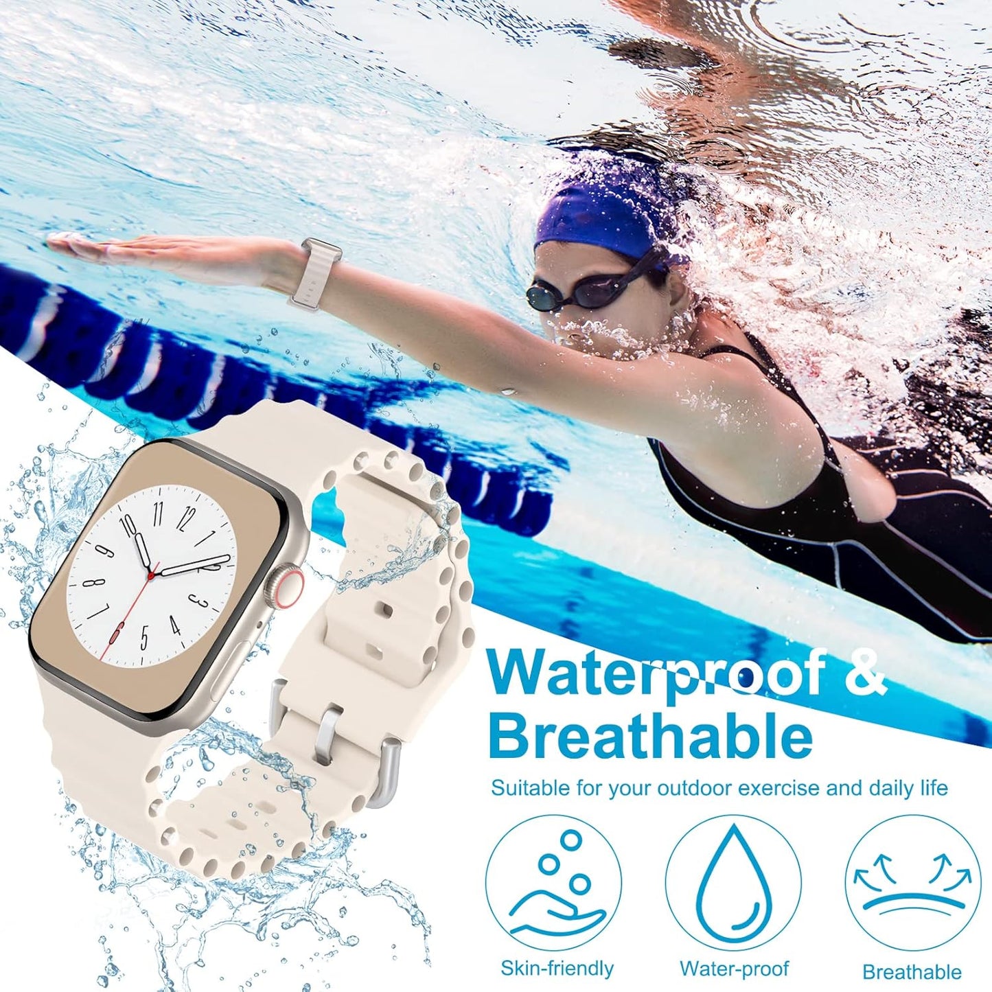 Ocean Sport Silicone Bands Compatible with Apple Watch Band 49Mm 45Mm 44Mm 42Mm 41Mm 40Mm 38Mm, Soft Breathable Classic Clasp Wrist Strap for Iwatch Ultra Series 8/SE/7/6/5/4/3/2/1 Men Women