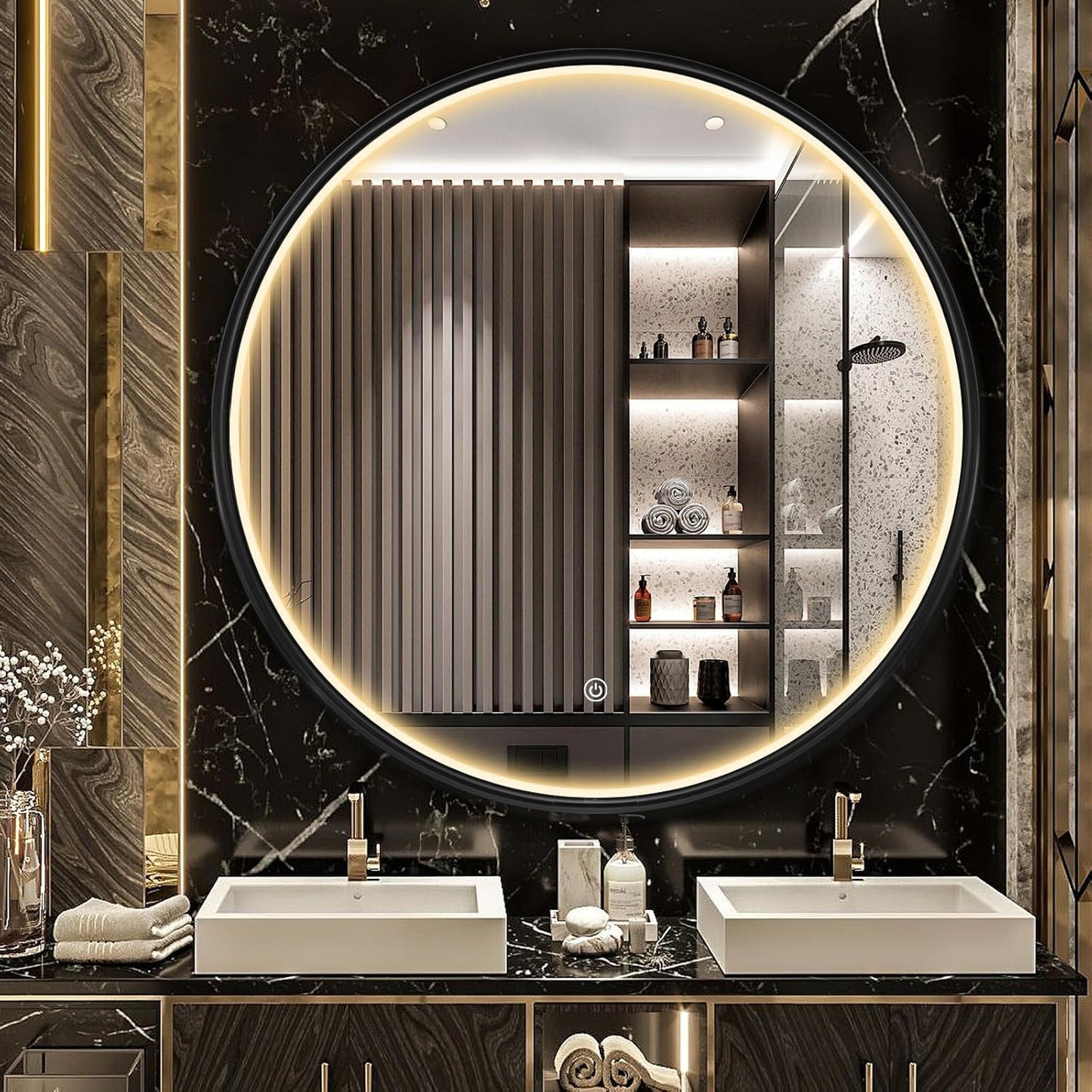 24 Inch round LED Bathroom Mirror, Circle Frame Recessed Light Strip Design Modern Vanity Mirror, Anti-Fog Smart Mirror with Stepless Color Temperature Adjustable 3000-6000K, Black