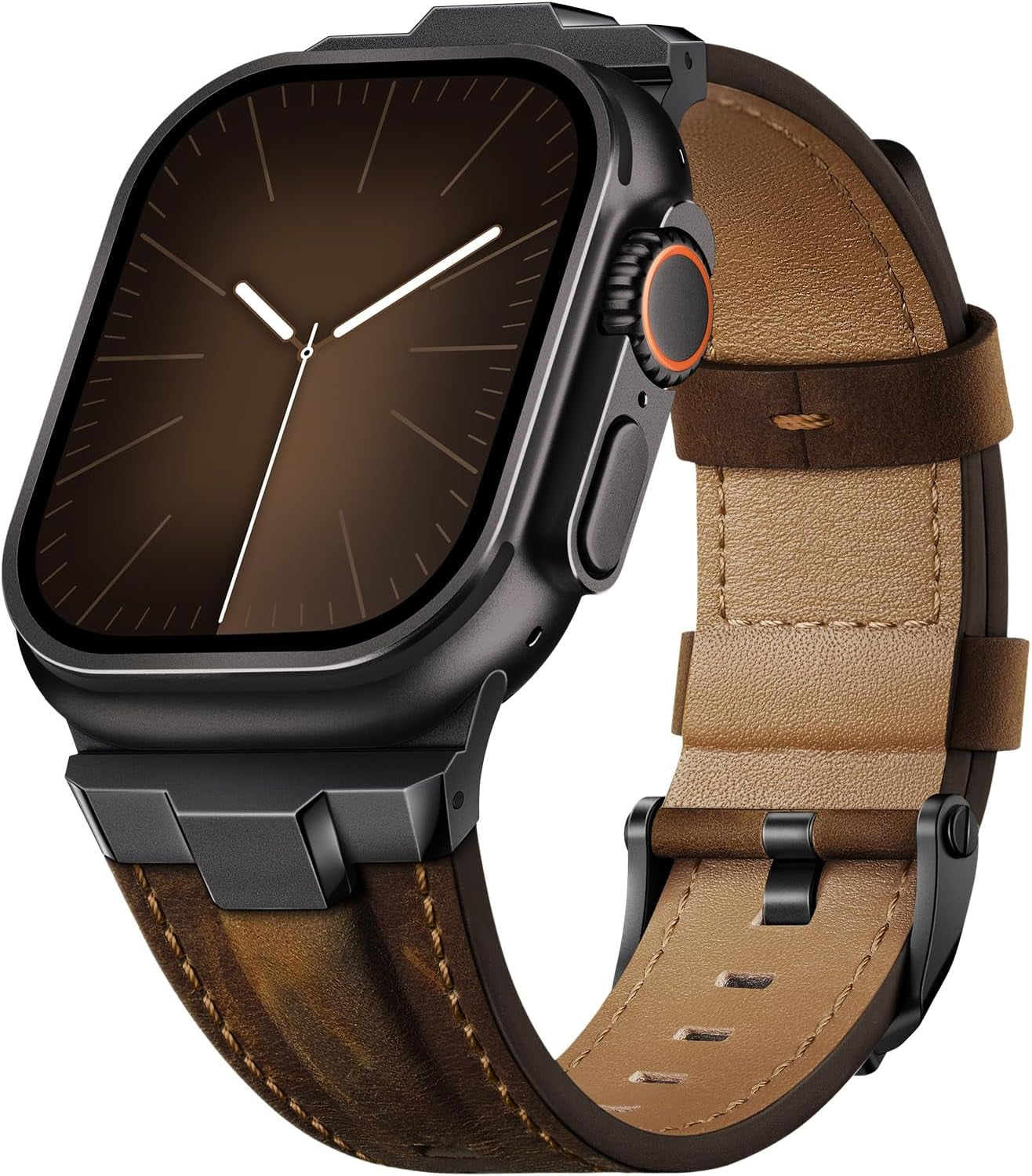 Leather Bands Compatible for Apple Watch Ultra Band 49Mm 46Mm 45Mm 44Mm 42Mm, Genuine Leather Rugged Durable Matel Connector Replacement Strap for Women Men Iwatch Ultra 10 9 8 7 6 5 4 3 SE