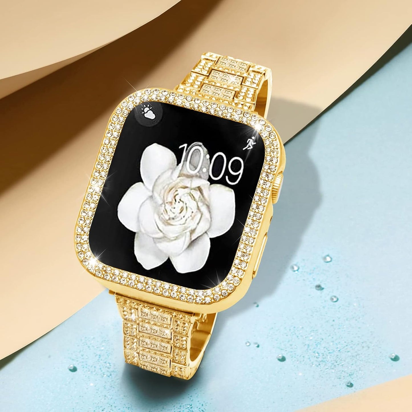 Compatible with Apple Watch Band 38Mm 40Mm 41Mm 42Mm 44Mm 45Mm 49Mm with 2 Pack Case Women, Jewelry Replacement Metal Wristband Strap with Bling PC Protective Case for Iwatch Ultra SE Series 9/8/7/6/5/4/3/2/1