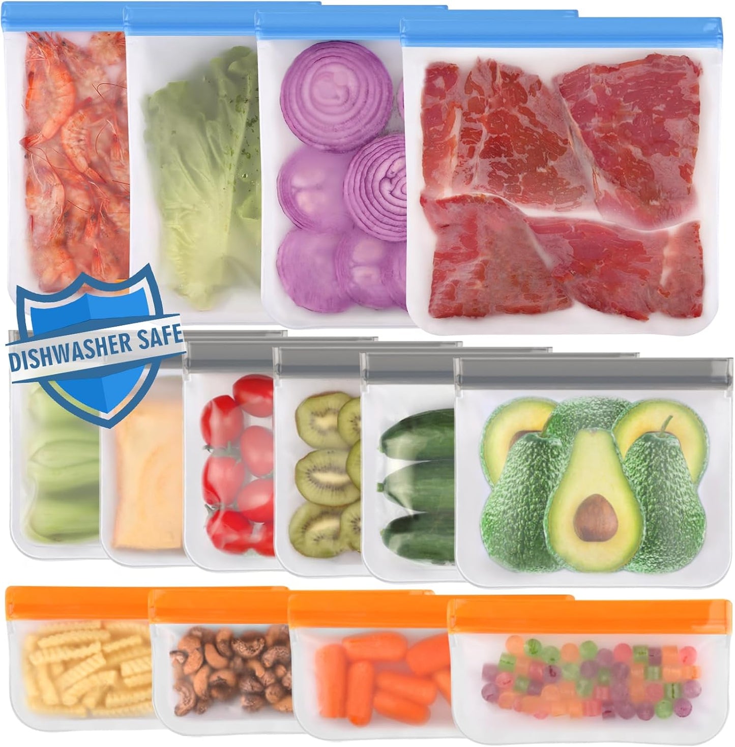 10 Pack Dishwasher Safe Reusable Bags Silicone, Leakproof Reusable Freezer Bags, BPA Free Reusable Storage Bags for Lunch Marinate Food Travel - 3 Gallon 4 Sandwich 3 Snack Bags