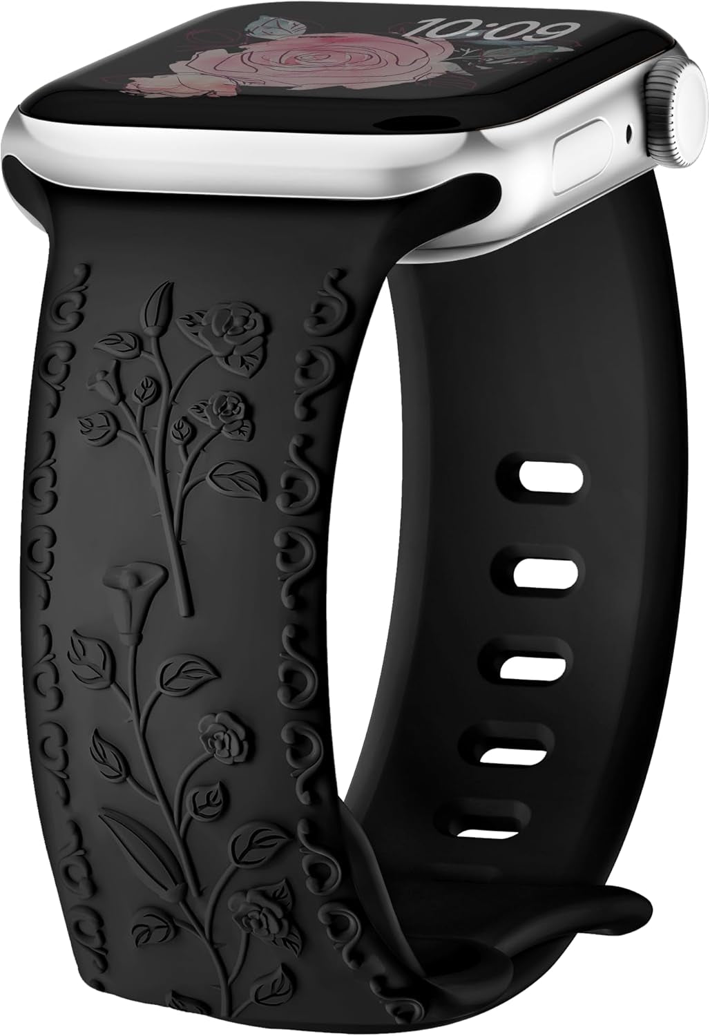 Dressy Floral Engraved Band for Apple Watch Bands for Women 46Mm 44Mm 45Mm 42Mm 49Mm, Soft Silicone Iwatch Bands for Women, Designer Band for Appe Watch Series 10 9 8 7 6 5 4 3 SE Ultra-Black