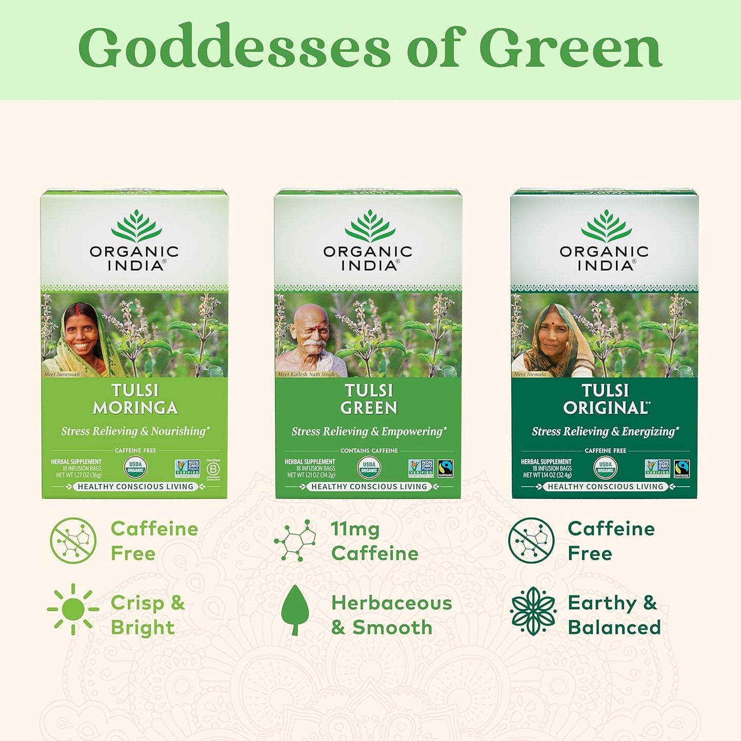 Tulsi Green Tea Bags - Holy Basil Tea, African Basil, Stress Relieving, Immune Support, USDA Certified Organic, Premium Darjeeling Green Tea, Caffeinated - 18 Infusion Bags, 1 Pack TLBH