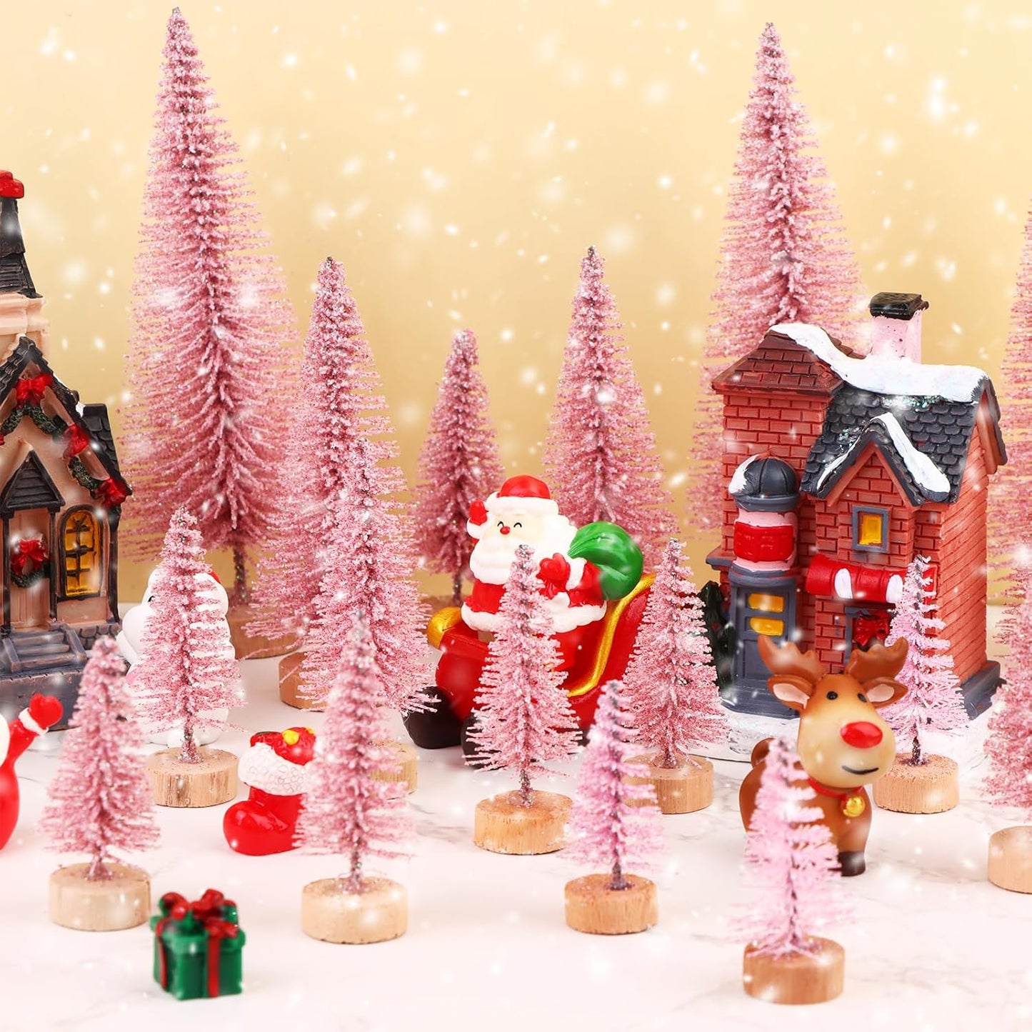 42 Pcs Christmas Tree DIY Bottle Brush Trees Pink Plastic Sisal Trees Miniature Snow Frost Fir with Wood Base for DIY Crafting,Displaying,Desktop Home Decoration Christmas Decoration,6 Styles
