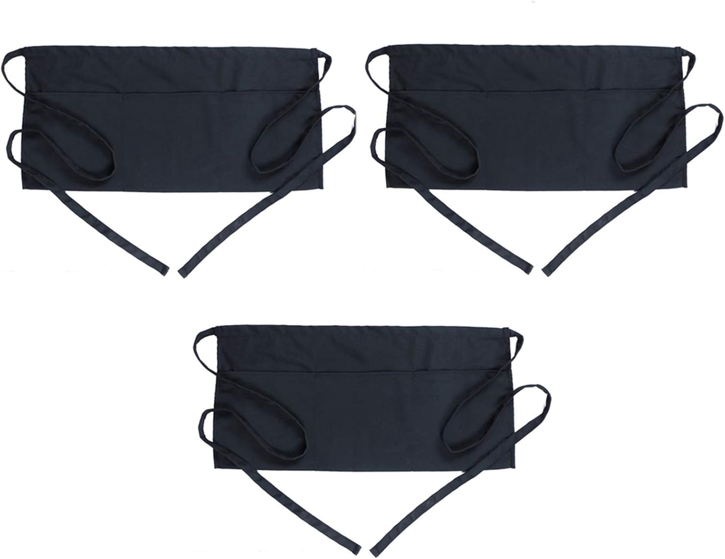 Waist Apron with 3 Pockets - Black Waitress Waiter Server Short Aprons