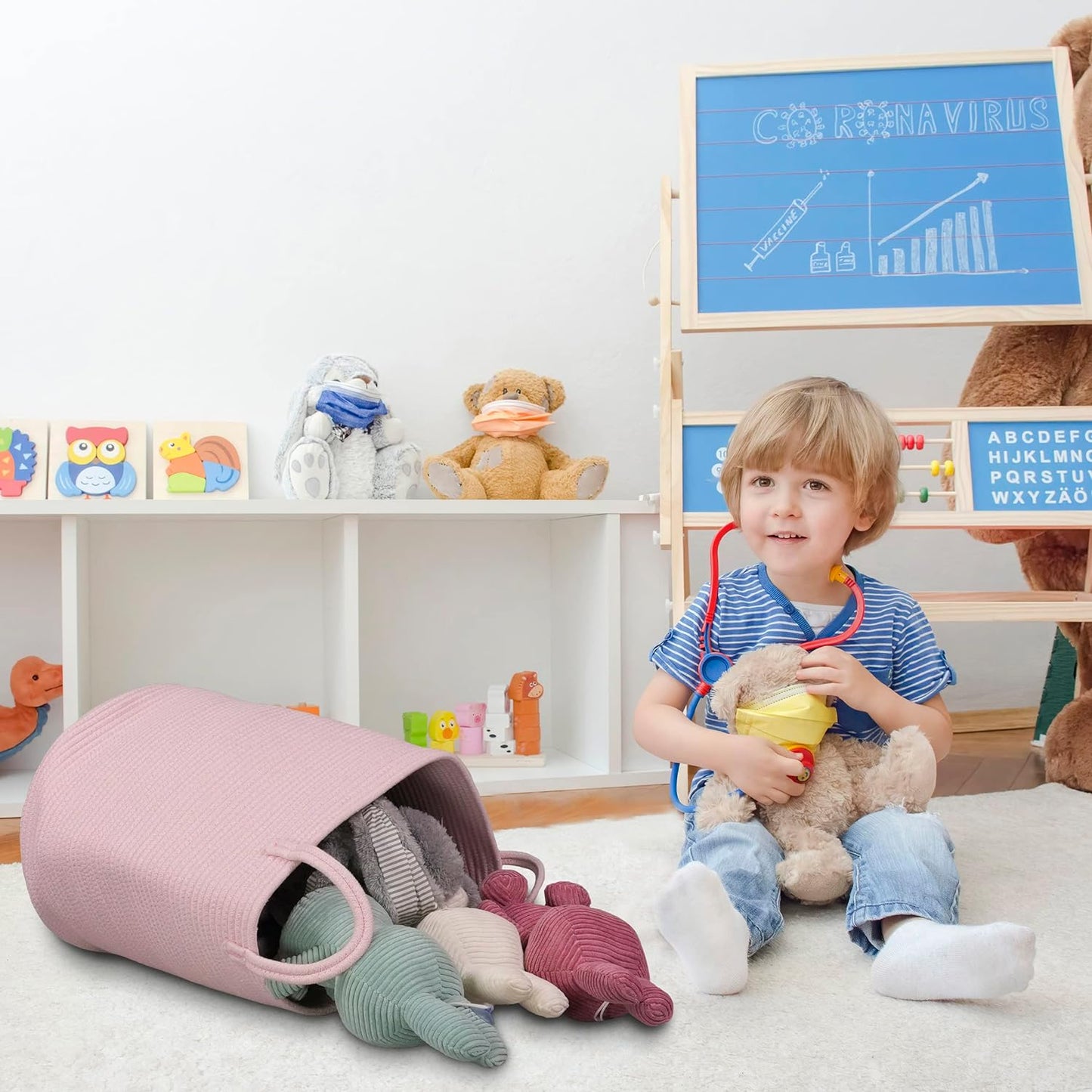 Cotton Rope Laundry Basket Hamper for Girls Kids Baby Nursery Hamper Bin Woven Storage Basket for Living Room Girls Room Boho Tall Rope Baskets for Blanket Toys Large Light Pink