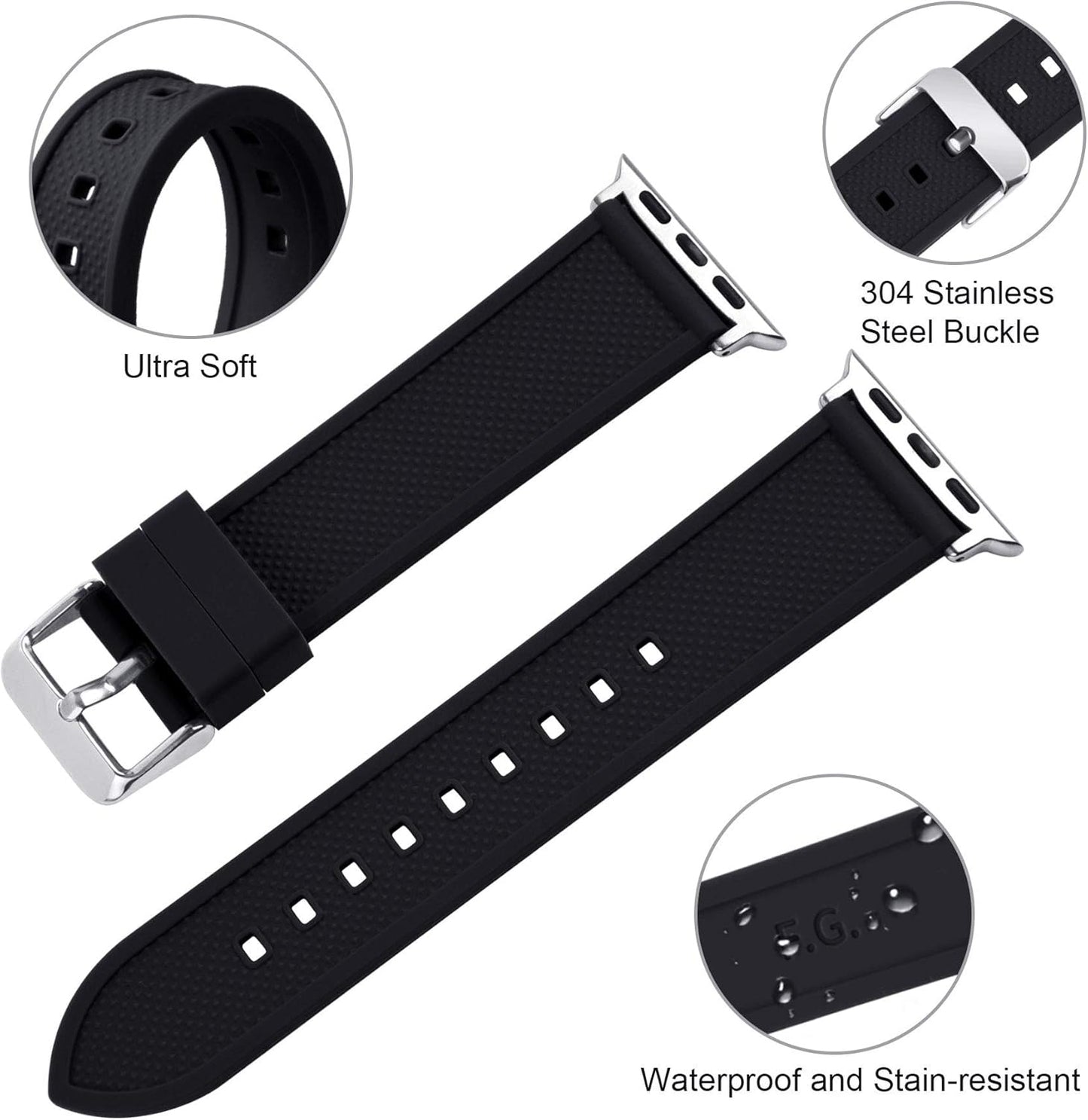 Compatible Sport Bands for Apple Watch Series 10 42Mm, 9/8/7 41Mm, SE2/SE/6/5/4 40Mm, 3/2/1 38Mm,Silicone Rubber Iwatch Band for Women Men, Black