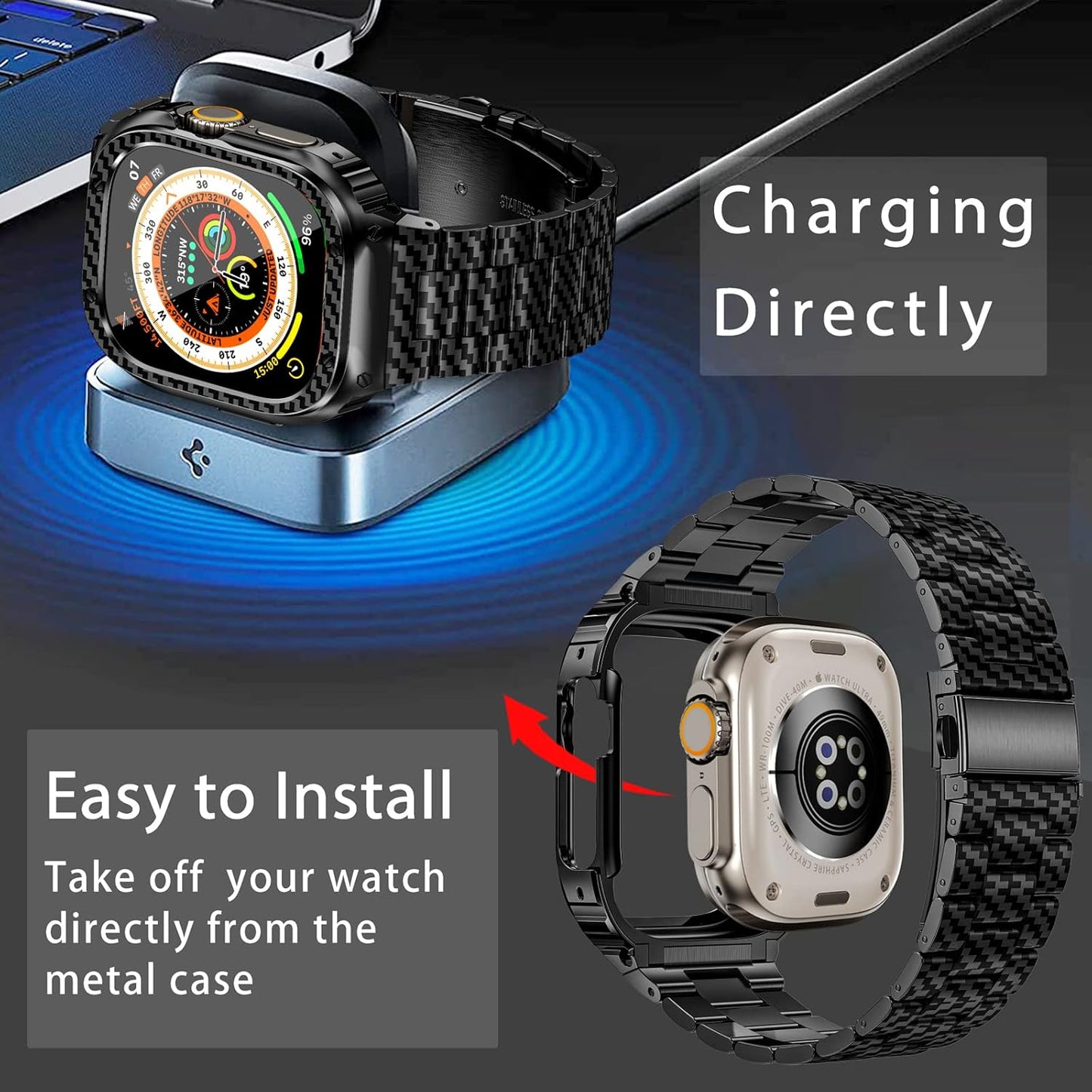 Stainless Steel Band and Case Compatible with Apple Watch Band 49Mm, Men Metal Protective Bumper Cover for Iwatch Ultra 2/1, Black Pattern
