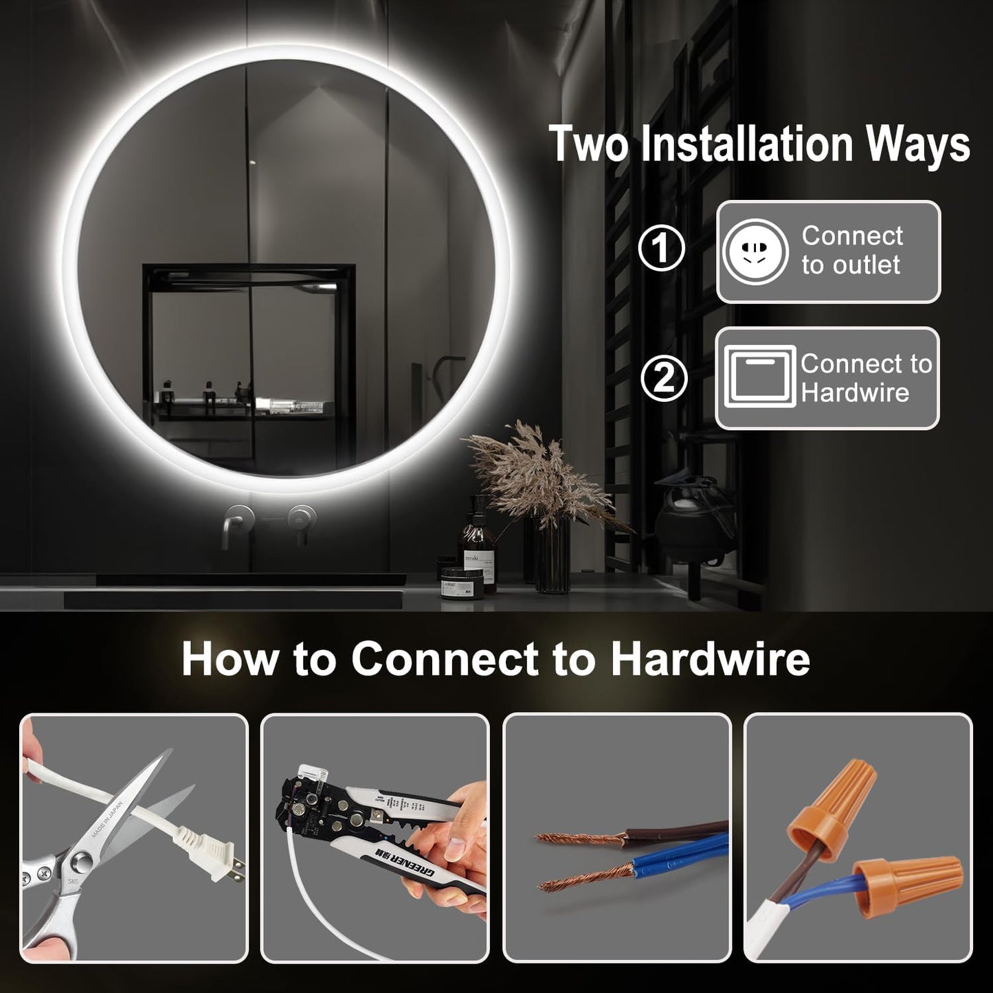 S·BAGNO 24’’ round Led Bathroom Mirror with Lights, Backlit and Front Lighted, Anti-Fog Wall-Mounted Vanity Mirror 3000K/4000K/6500K, Dimmable inside Bluetooth Speaker Smart Mirror