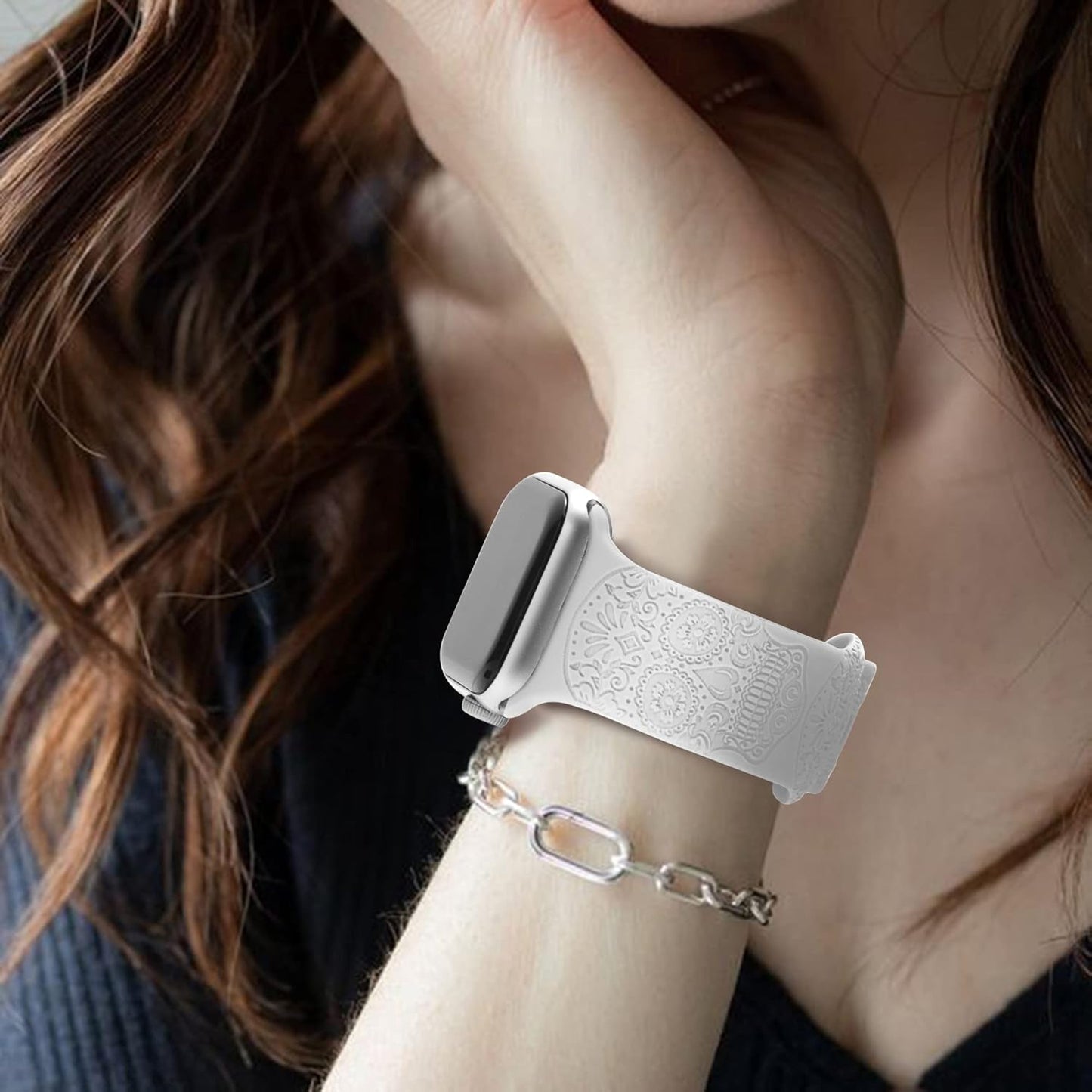Compatible with Watch Bands 38Mm 40Mm 41Mm 42Mm 44Mm 45Mm,Engraved Skull Silicone Band for Iwatch Series 7/6/5/4/3/2/1/SE