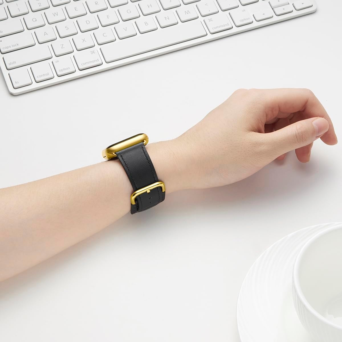 Leather Bands Compatible with Apple Watch Band 38Mm 40Mm 41Mm 42Mm 44Mm 45Mm 49Mm,Genuine Leather Strap Compatible for Women Men Iwatch SE Ultra Series(Black/Gold)