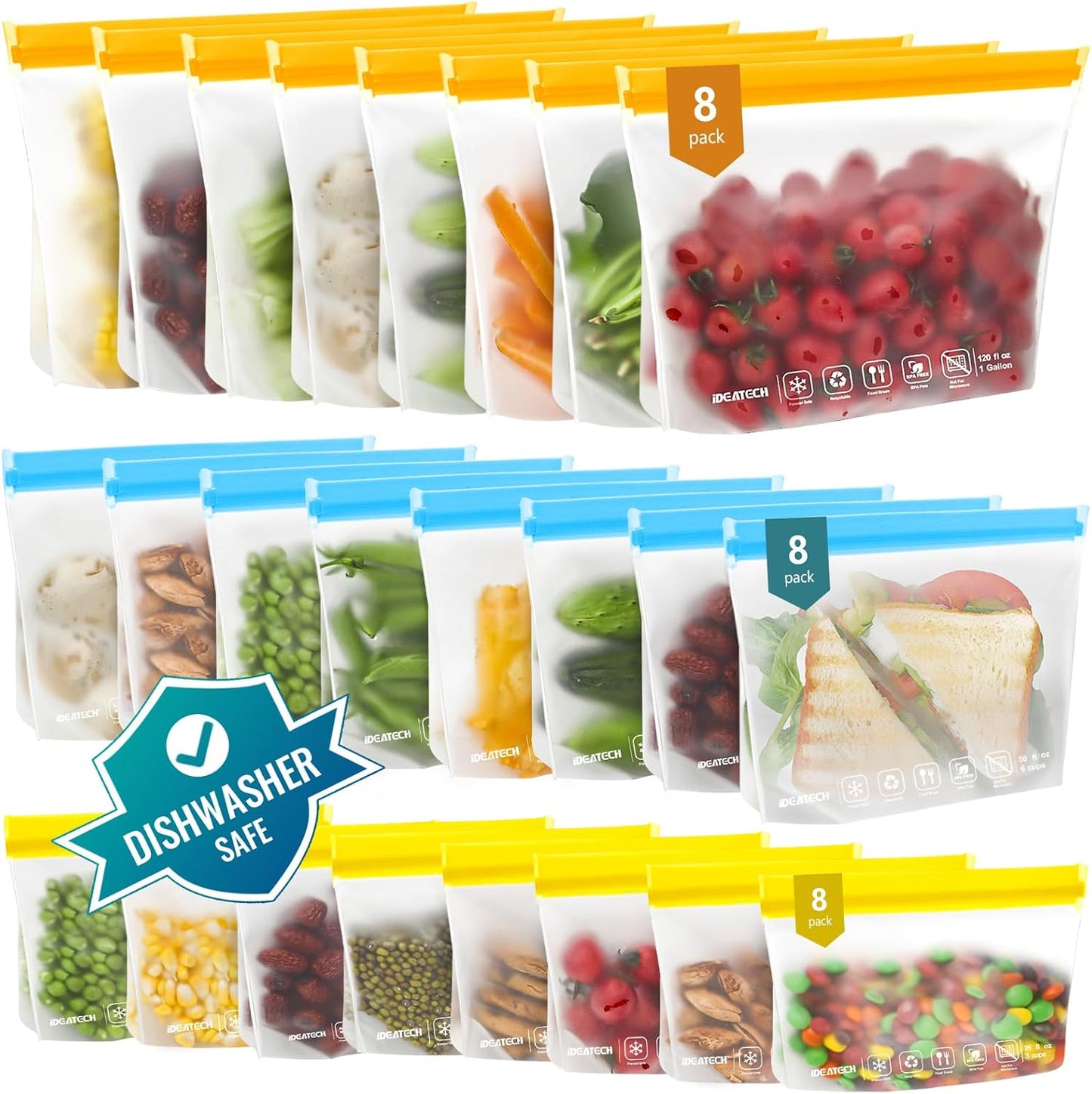 20Pack Dishwasher Safe Reusable Bags, Leakproof Reusable Freezer Bags, BPA Free Reusable Food Storage Bags Sandwich Bags Snack Bags for Lunch Travel(8 Gallon 6 Quart 6 Snack,Colored)