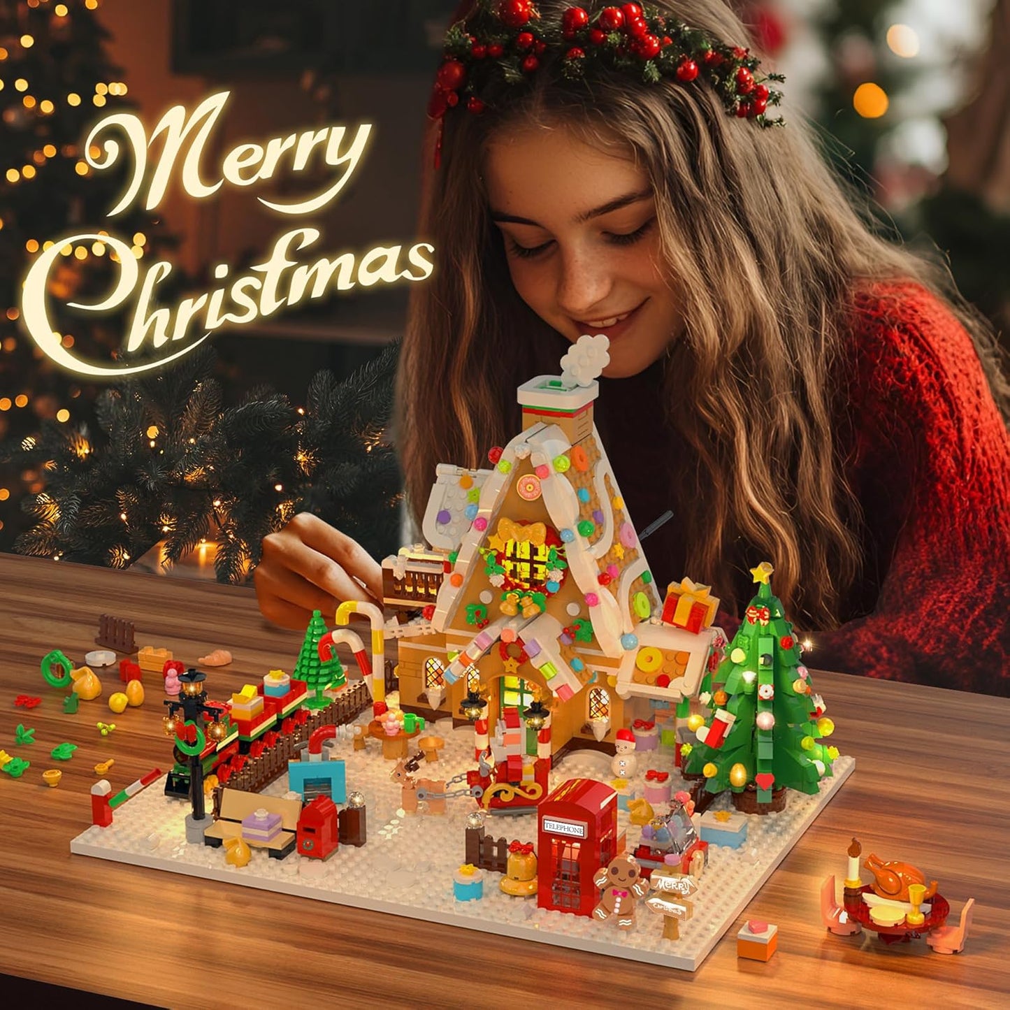 Christmas Gingerbread House Mini Building Set with LED Light, 1763 PCS Christmas Courtyard Building Block Toy with Santa Claus Xmas Tree Train Home Decor, Gift for Adult Kids Girls Boys 10+