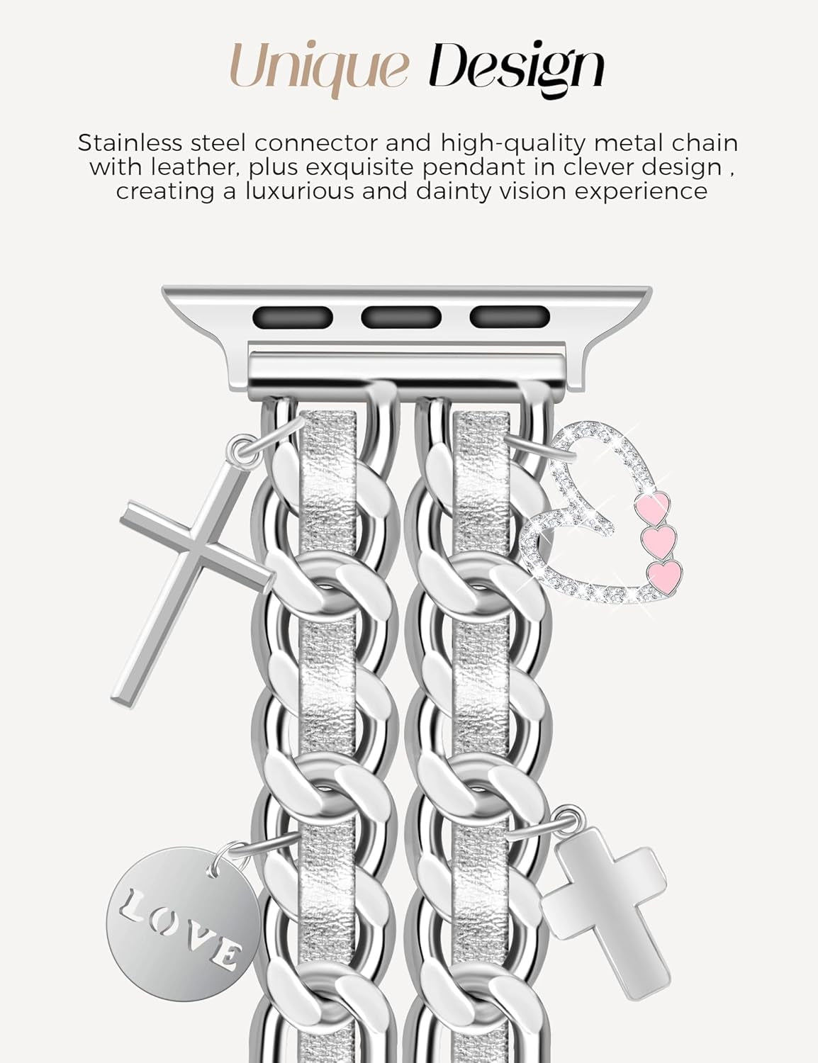 Sliver Charm Band Silver Bling Case Bundle Compatible with Apple Watch 38Mm 40Mm 41Mm 42Mm 44Mm 45Mm 46Mm 49Mm Women for Iwatch Series 10/9/8/7/6/5/4/3/2/1/Se/Ultra