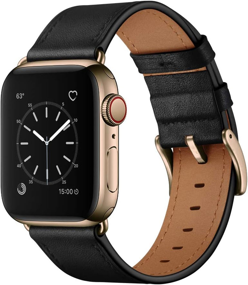 Compatible with Apple Watch Band 42Mm(Series 10) 41Mm 40Mm 38Mm, Genuine Leather Band Replacement Strap Compatible with Apple Watch (Black+Black/Bronze Gold)
