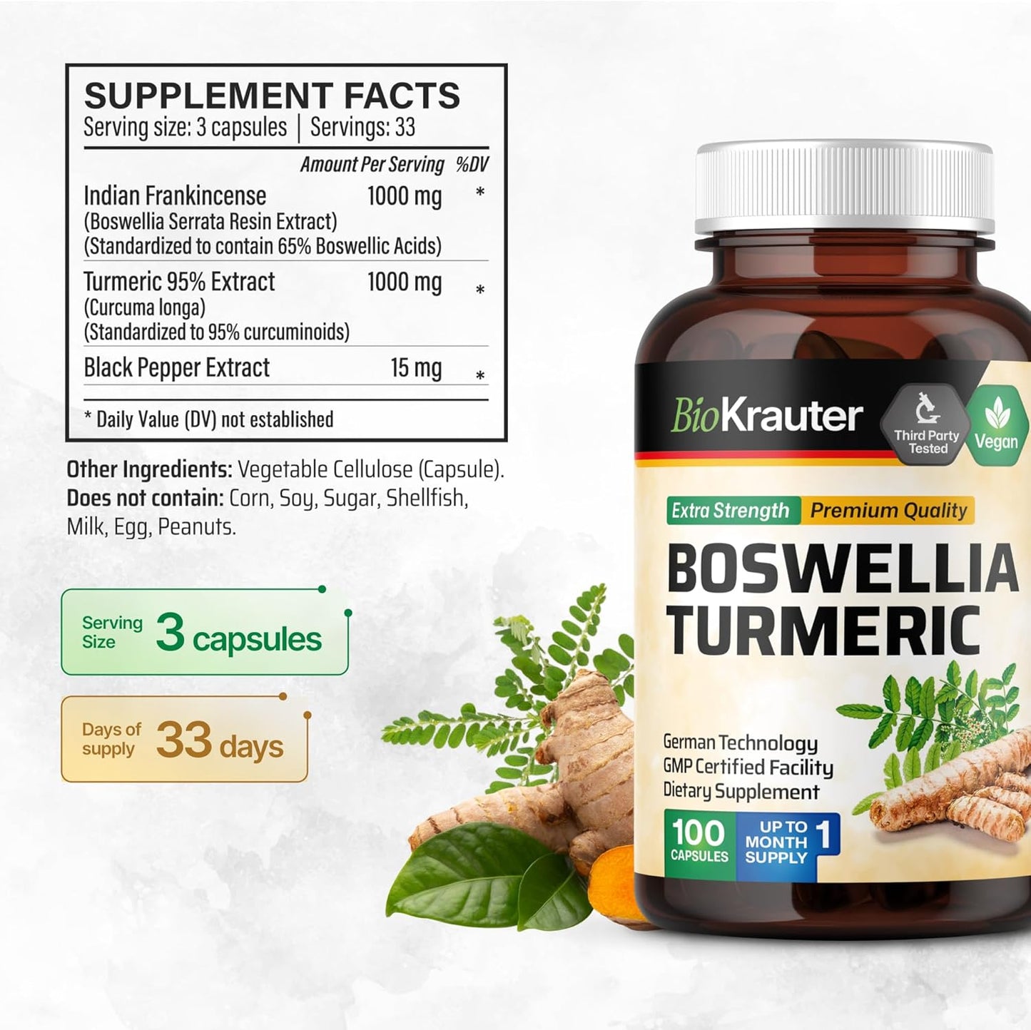 Turmeric Supplement with Boswellia Extract Capsules - 2000 Mg Blend - 100 Count - Vegan Boswellia Turmeric (Curcumin) - Formula W/Black Pepper TLBH