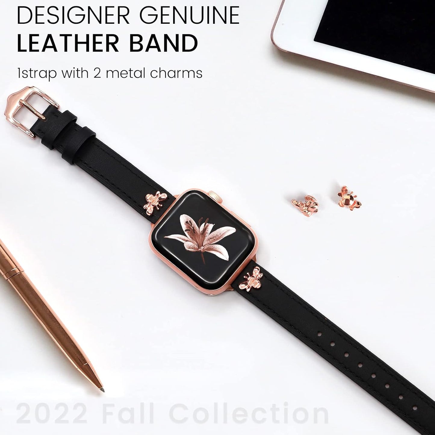 Elegant Slim Leather Bands Compatible with Apple Watch Band 38Mm 40Mm 41Mm 42Mm 44Mm 45Mm 49Mm, Designer Top Grain Black Leather Watch Band with Charms, Feminine Design for Ultra SE & Series 8 7
