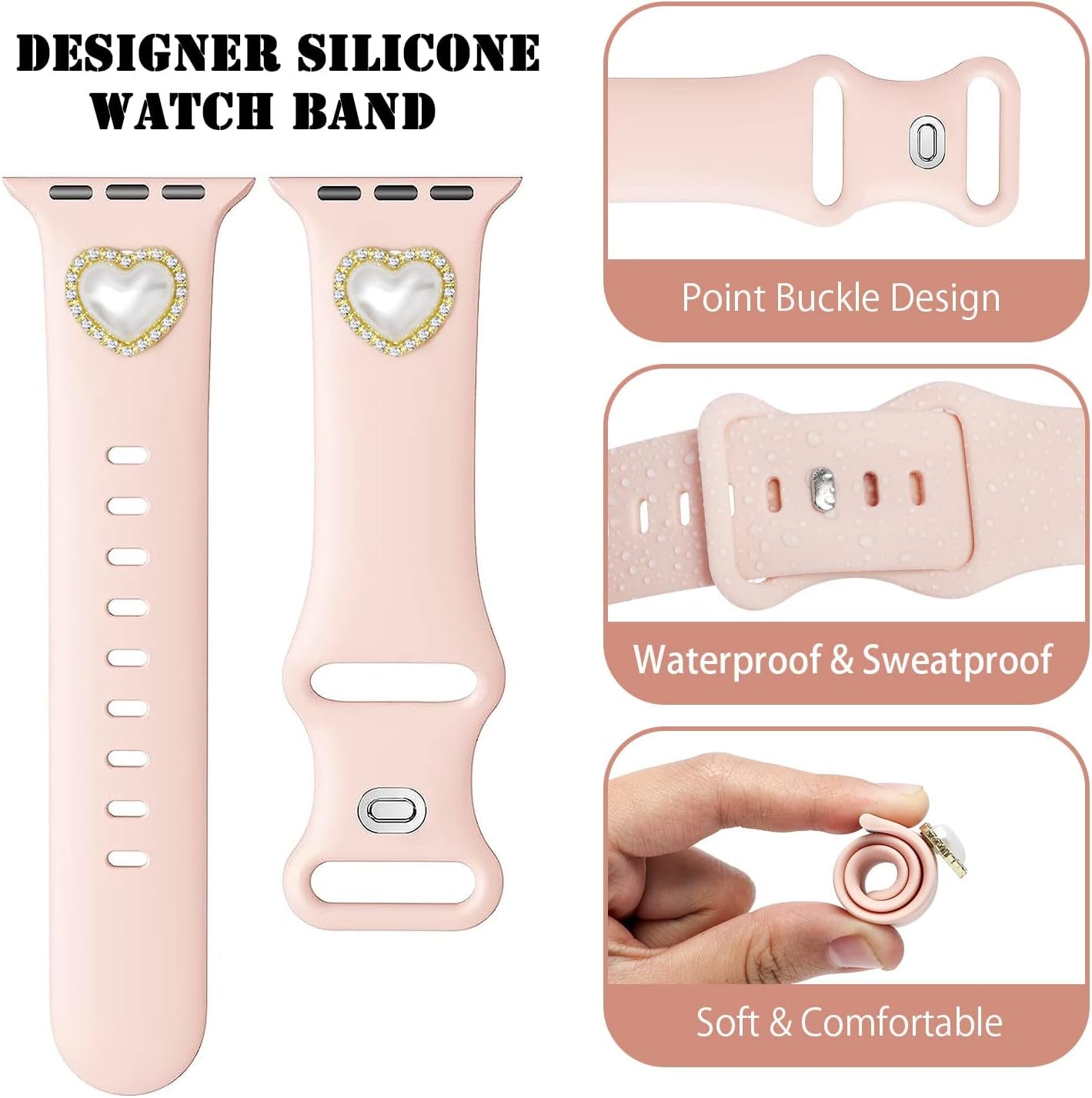 Designer Silicone Watch Band Compatible with Apple Watch 41Mm 40Mm 38Mm 45Mm 44Mm 42Mm 49Mm, Cute Women Iwatch Bracelet Charm Strap, Fancy Wristband for Series Ultra 8 7 6 5 4 3 2 1 SE