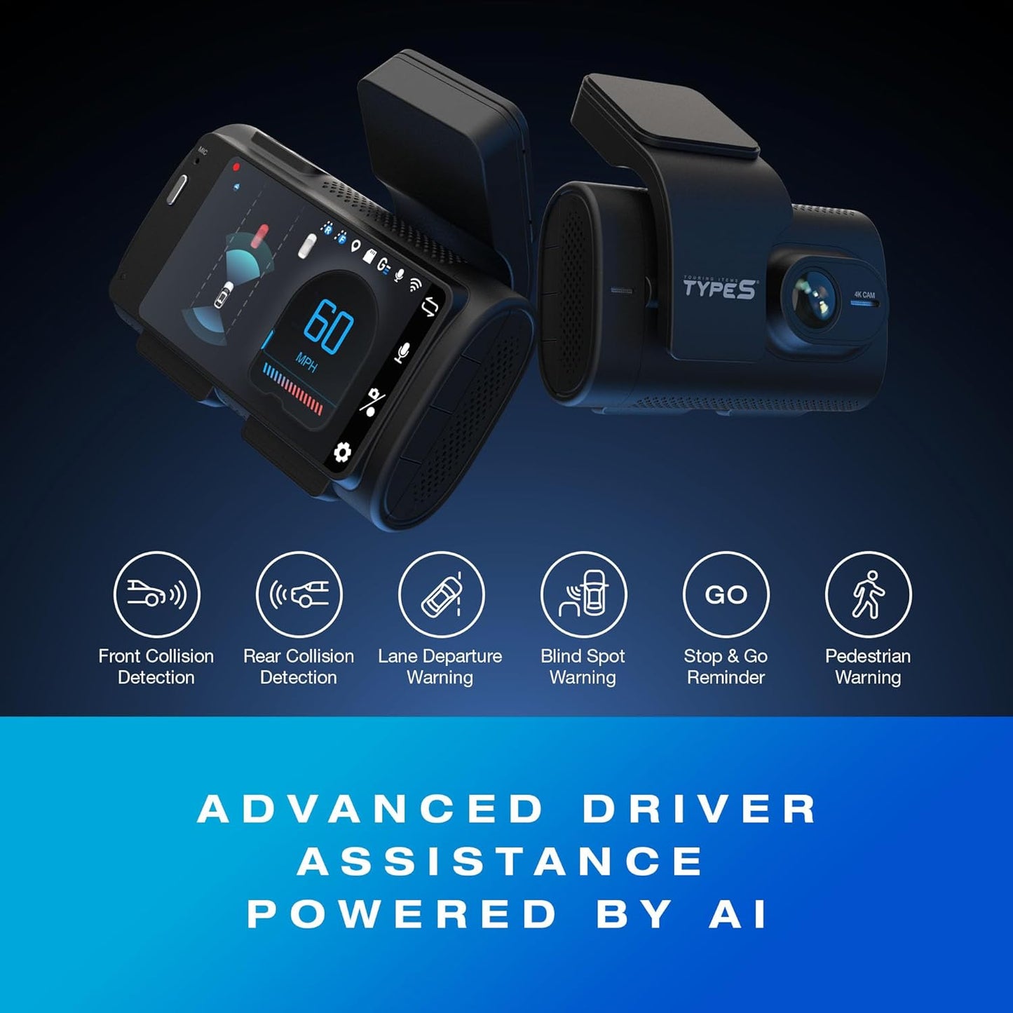 Type S T400 Ai-Powered Driver Assistance 4K Dash Cam with ADAS, Collision Warnings, Lane and Pedestrian Detection, Vehicle Departure Reminders, Front Rear Smart Incident Video Surveillance, SD Card