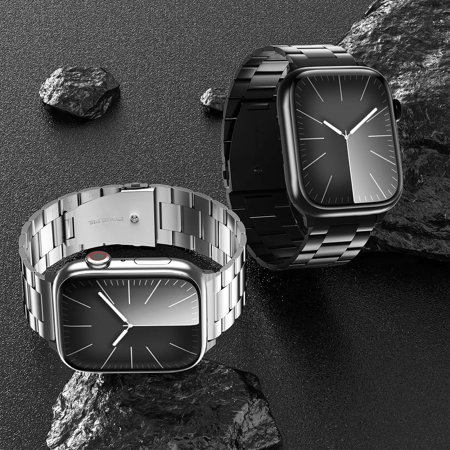 2-Pack Compatible for Apple Watch Band 49Mm 45Mm 44Mm 42Mm, Rugged Stainless Steel Replacement Strap Metal Bands for Iwatch Ultra 2/1 Series 9/8/7/6/5/4/3/2/1/SE/SE2 Women Men(Black+Silver)