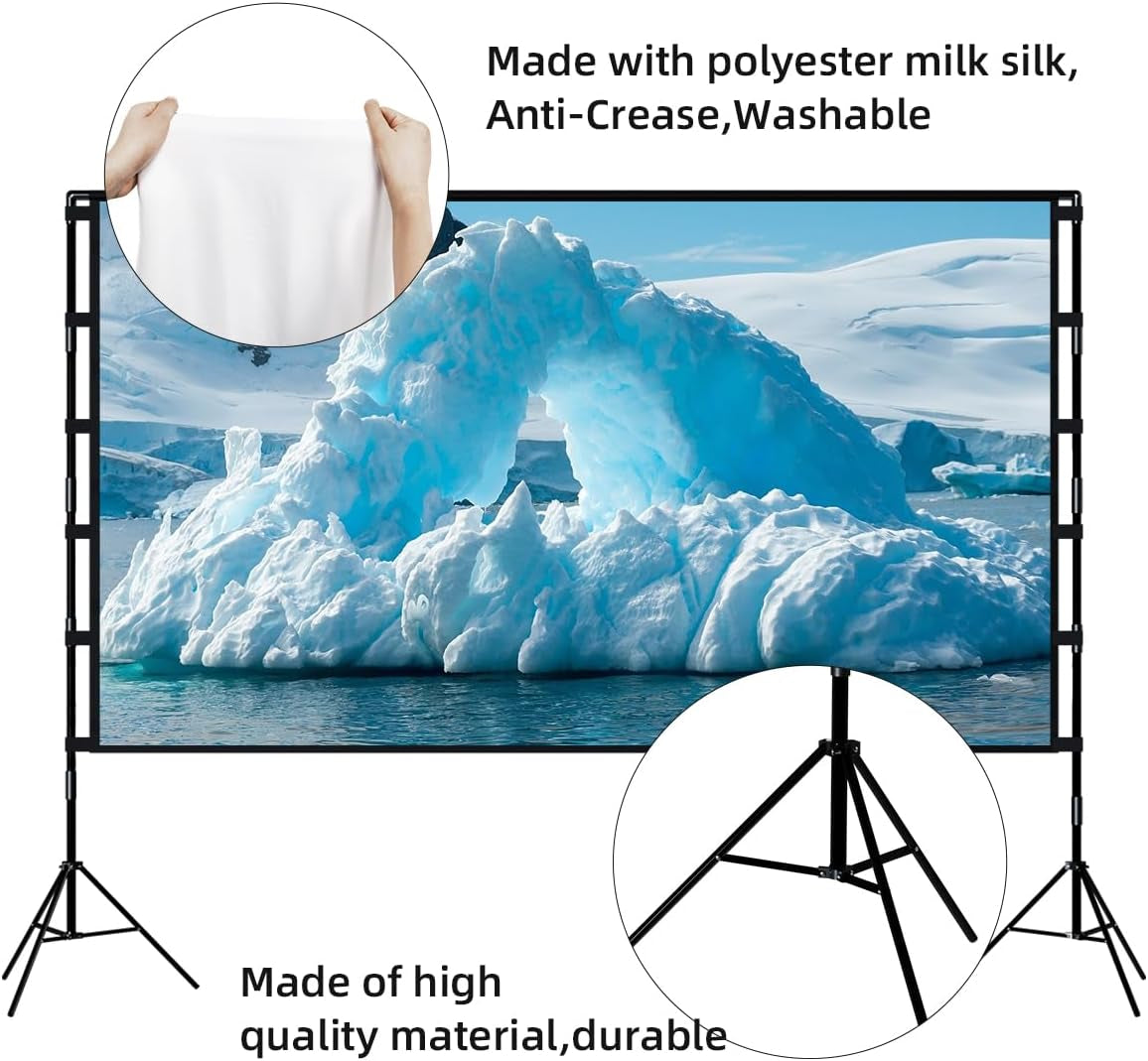 Projector Screen and Stand, 120 Inch Portable Projector Screen Indoor Outdoor Projector Screen 16:9 4K HD Wrinkle-Free Lightweight Movie Screen with Carry Bag for Backyard Movie Night