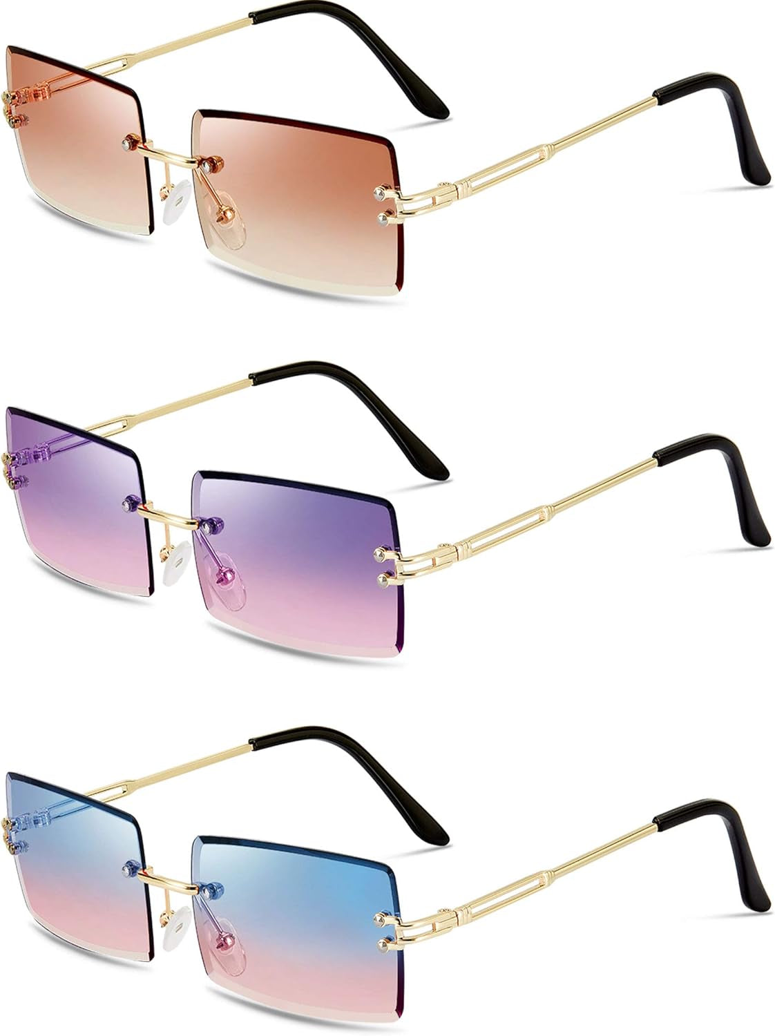 3 Pairs Rimless Rectangle Sunglasses Tinted Frameless Eyewear Vintage Transparent Rectangle Y2K Glasses for Women Men