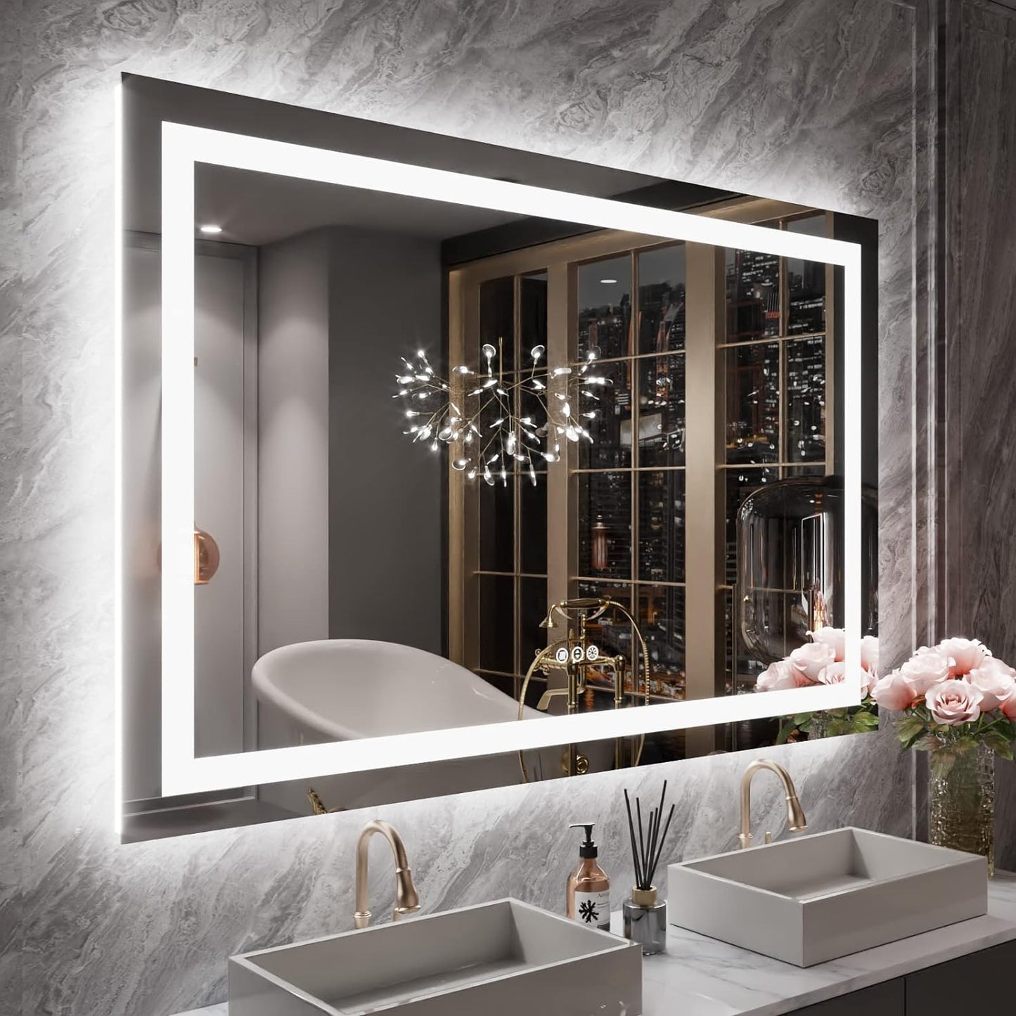 60”X30“ RGB LED Bathroom Mirror with Lights for Bathroom, Anti-Fog, Dimmable,Multiple Light Modes, RGB Backlit + Front Light, Memory Function, Tempered Glass