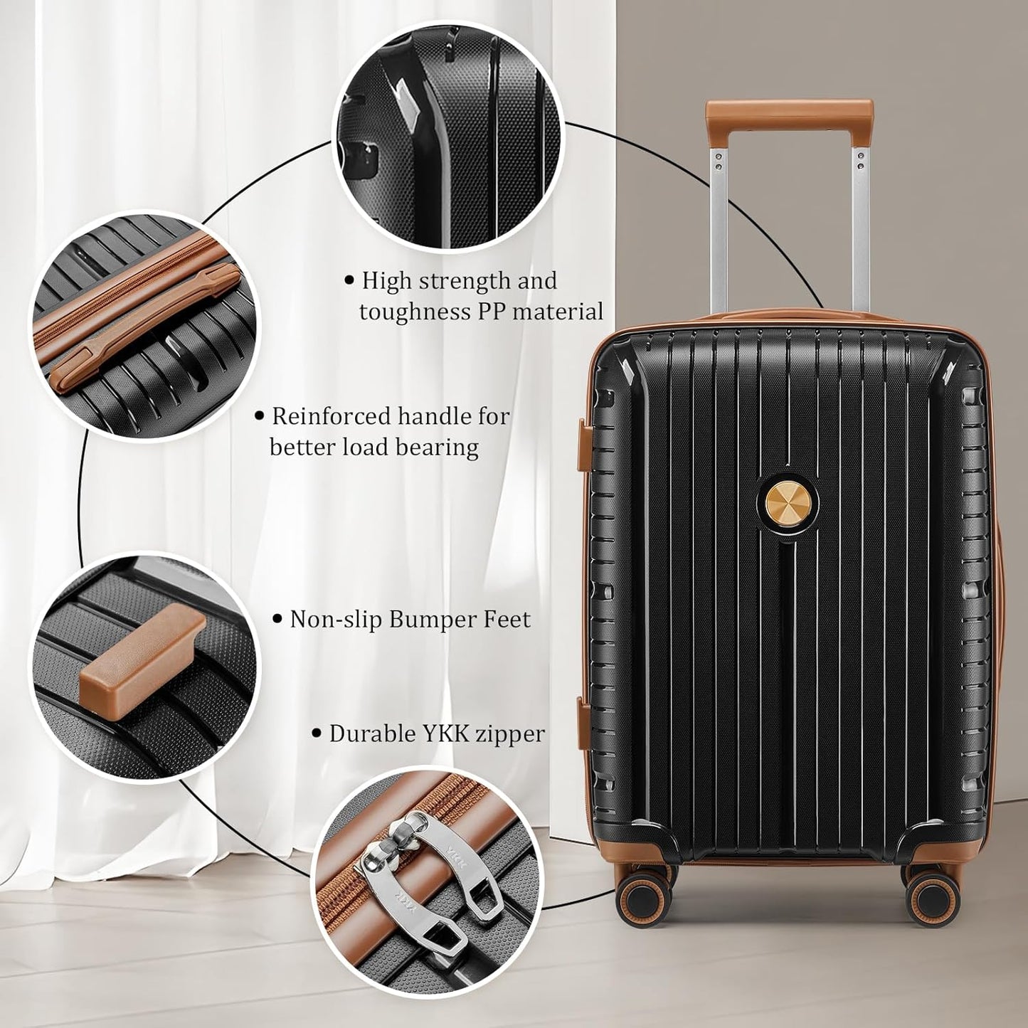 Luggage Sets 5 Piece Suitcase Set, PP Hardshell Carry on Suitcase Set, Travel Suitcases with Double Spinner Wheels and TSA Lock, Black Brown
