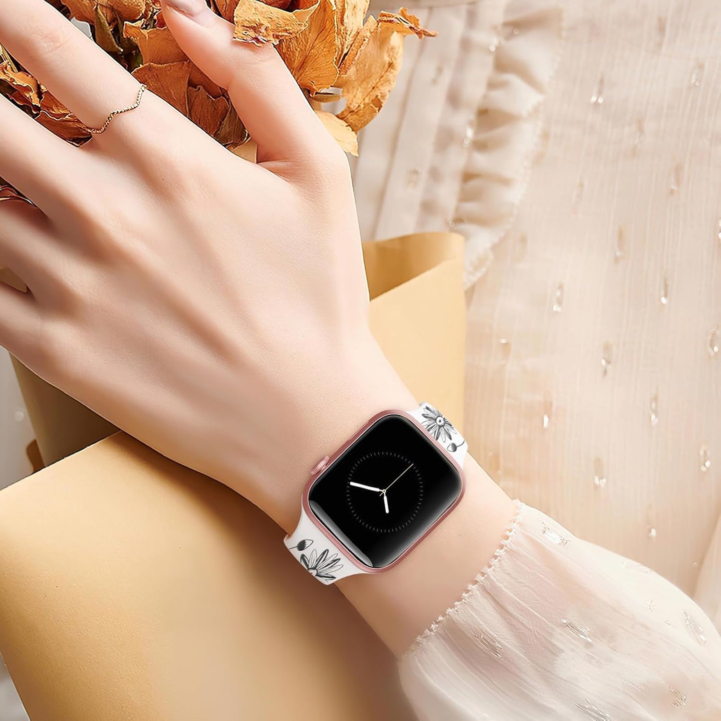 Designer Floral Engraved Band Compatible with Apple Watch Bands 40Mm 38Mm 41Mm 42/45/49Mm,Two-Tone Flower Soft Silicone Sport Strap for Iwatch Series 9 Ultra SE 8 7 6 5 4 3 2 Girl Black