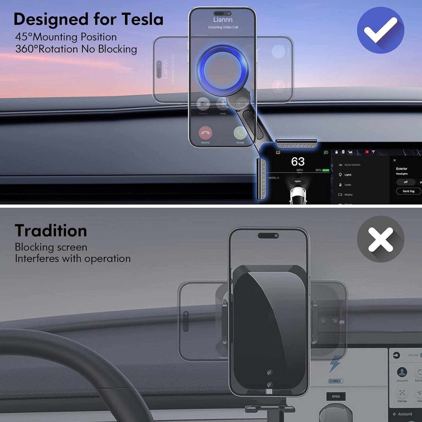 Tesla Phone Mount, for Magsafe Car Mount, 【Strongest Magnet Power】 Magnetic Car Phone Holder for Tesla 3/Y/S/X Accessories Screen, Fits All Phone, Tesla Model Y Accessories Tesla Model 3 Accessories