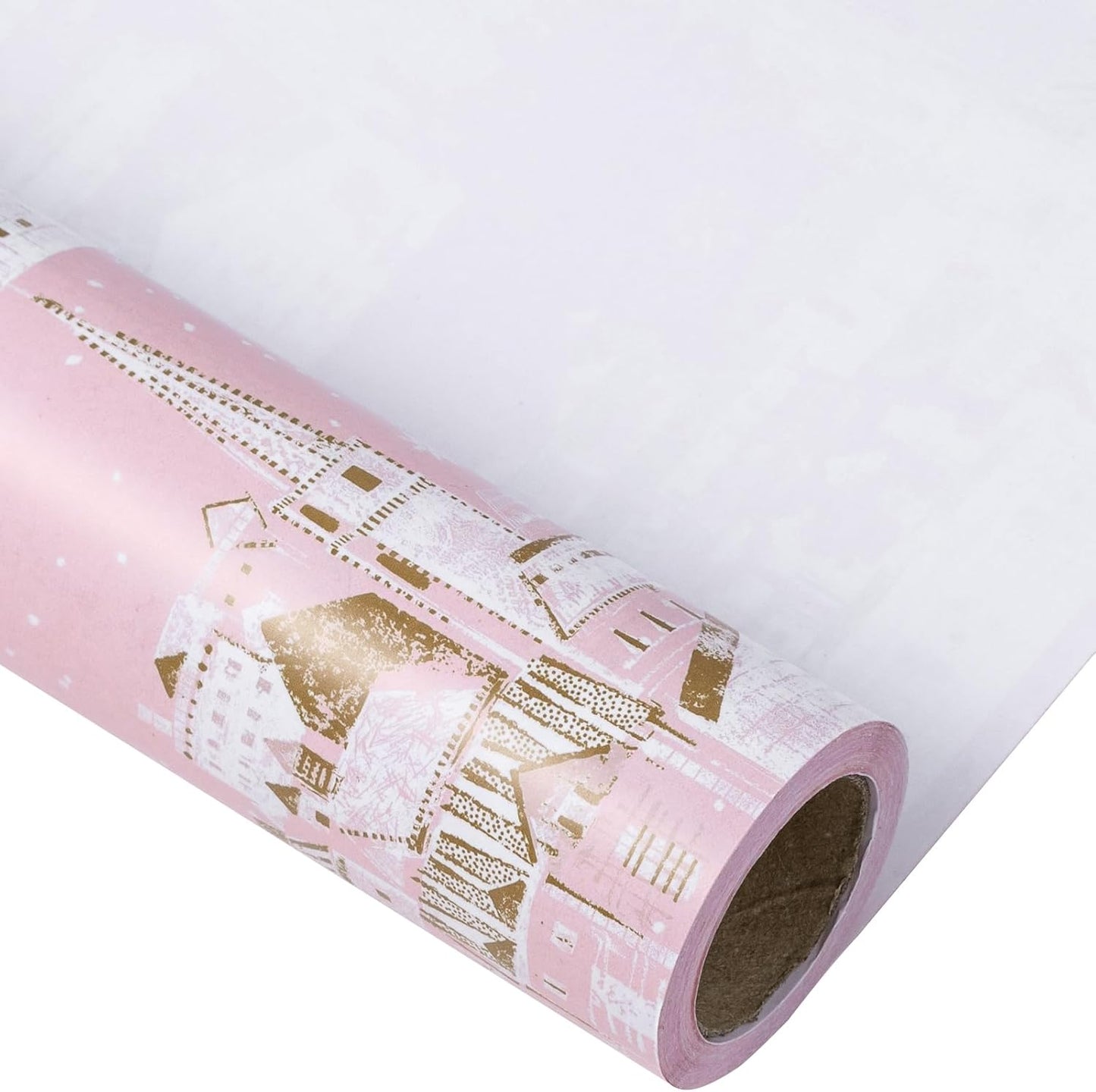 Christmas Wrapping Paper Roll - Pink & Golden City Snow Scenery for Christmas Holiday, Party - 17 Inches X 32.8 Feet (46.45 Sq.Ft.)