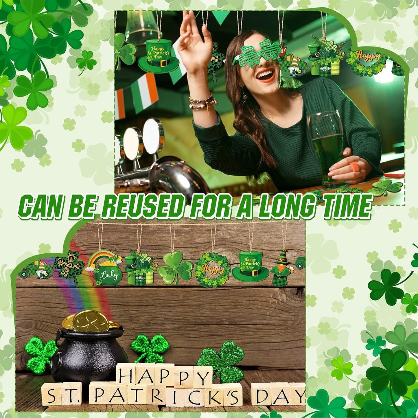 36 Pieces St. Patricks Day Decorations Wooden Shamrock Ornaments for Tree St Patricks Day Ornaments Irish Hanging Decorations for Party