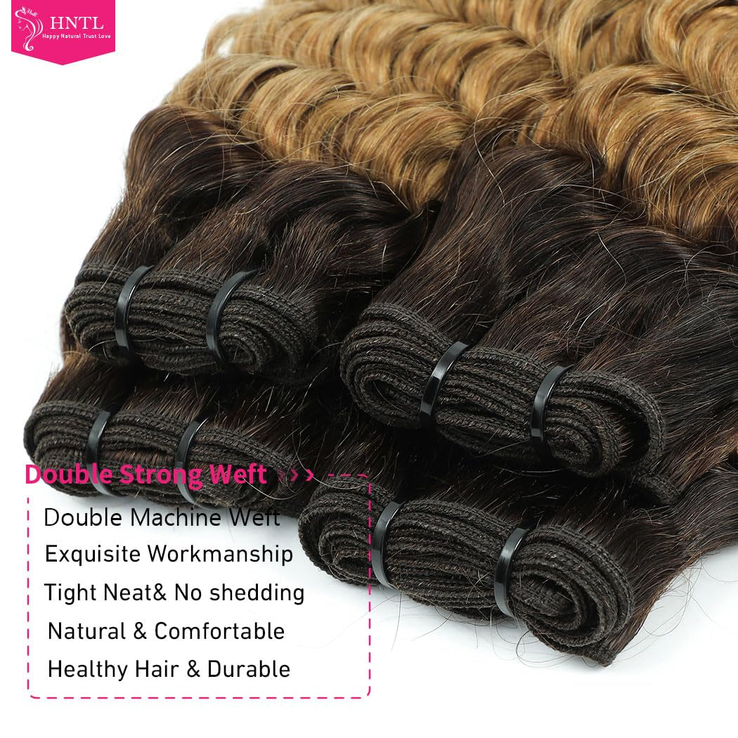 12A Deep Wave Human Hair Bundles Ombre Honey Blonde Deep Wave Bundles Human Hair 18 20 22 Inch T4/27 Curly Bundles Brazilian Virgin Wet and Wavy Human Hair Bundles 2 Tone Water Wave Bundles