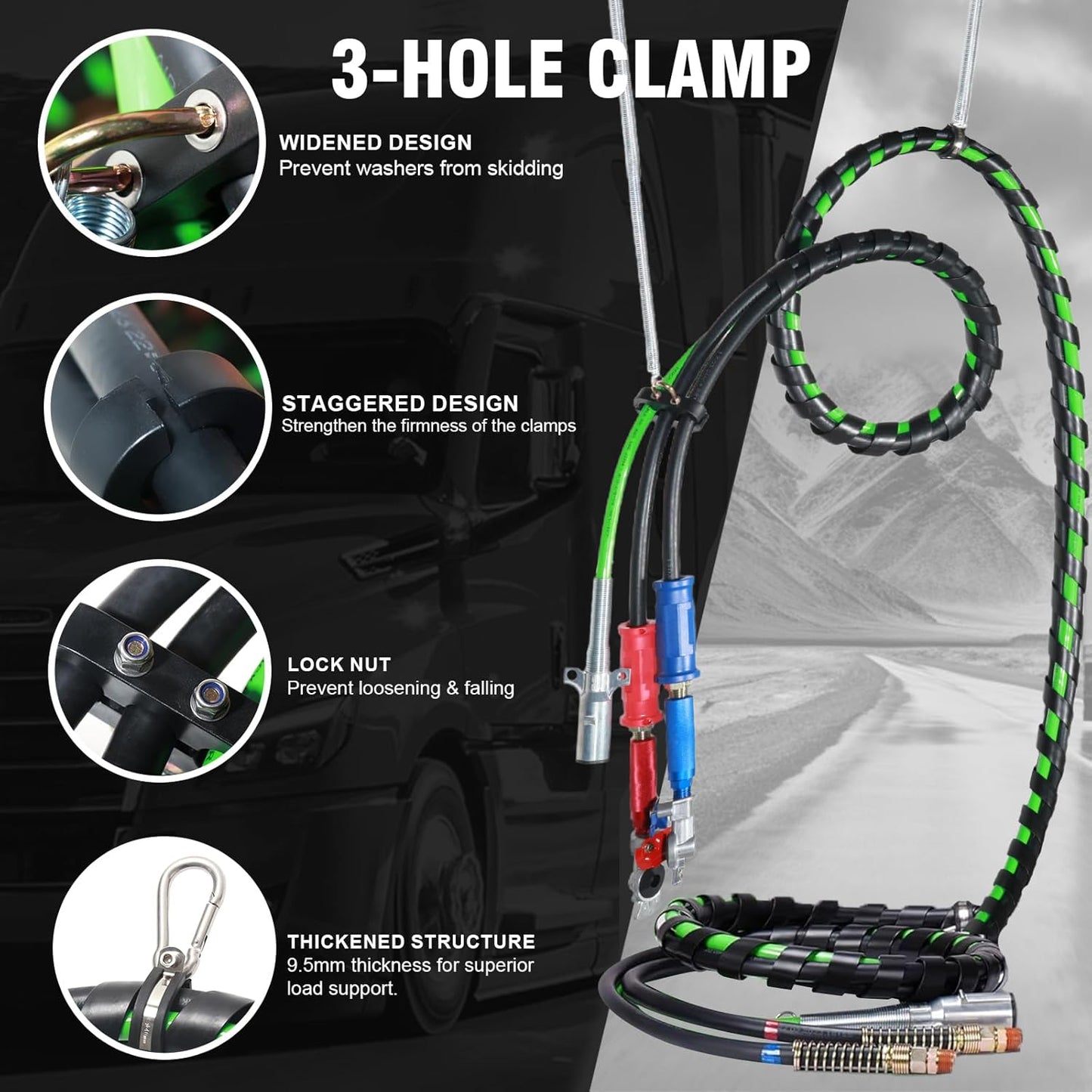 12FT Semi Truck Air Lines Kit - 3 in 1 Air Hoses Wrap 7 Way Trailer Cord Power Air Line for Semi Truck, Trailer, Tractor, with Gladhands,Handles,Holder,Tender Spring Kit,Seals