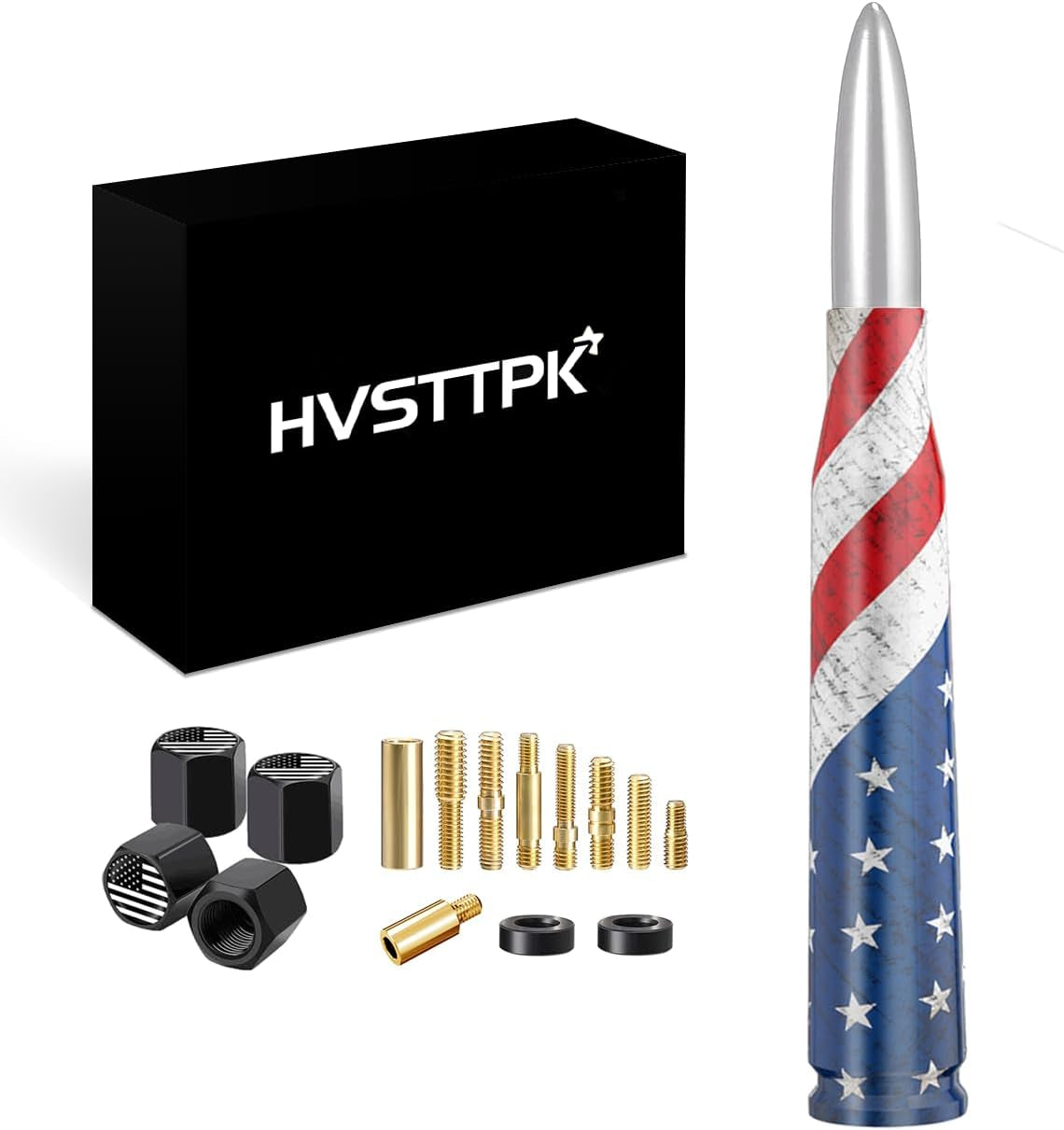 American Flag Car Truck Antenna with Valve Stem Caps, Universal Mast for GM Chevy Silverado 1500 2500 3500 HD Avalanche Ford F150 F250 F350 Denali Heavy Duty Pickup Trucks Accessories (Black)