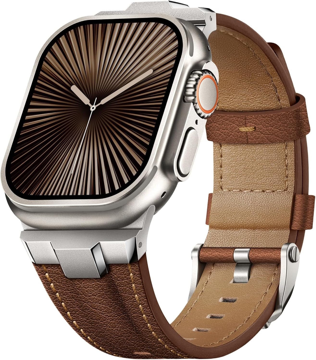 Leather Bands Compatible for Apple Watch Ultra Band 49Mm 46Mm 45Mm 44Mm 42Mm, Genuine Leather Rugged Durable Matel Connector Replacement Strap for Women Men Iwatch Ultra 10 9 8 7 6 5 4 3 SE