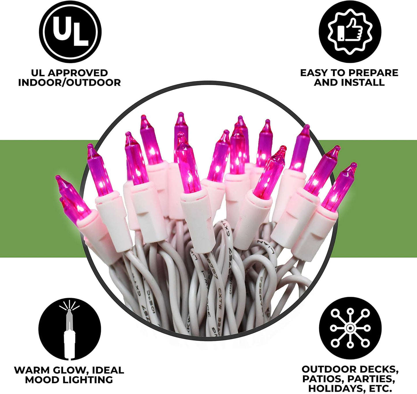 50 Pink Christmas Lights on a White Wire String, UL Approved, Indoor and Outdoor Use, 9 Foot of Lighted Length, 11 Foot of Total Length