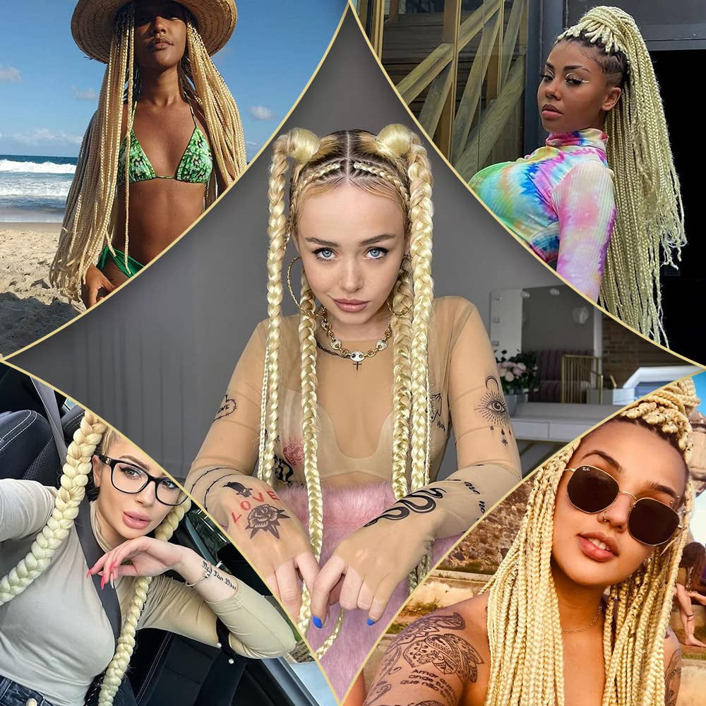 613 Braiding Hair Extensions 32 Inch Pre Stretched Braiding Hair Yaki Braids Hair Hot Water Setting Synthetic Hair Colored Braiding Hair Pre Stretched Crochet Hair(32Inch,3 Packs,613#)
